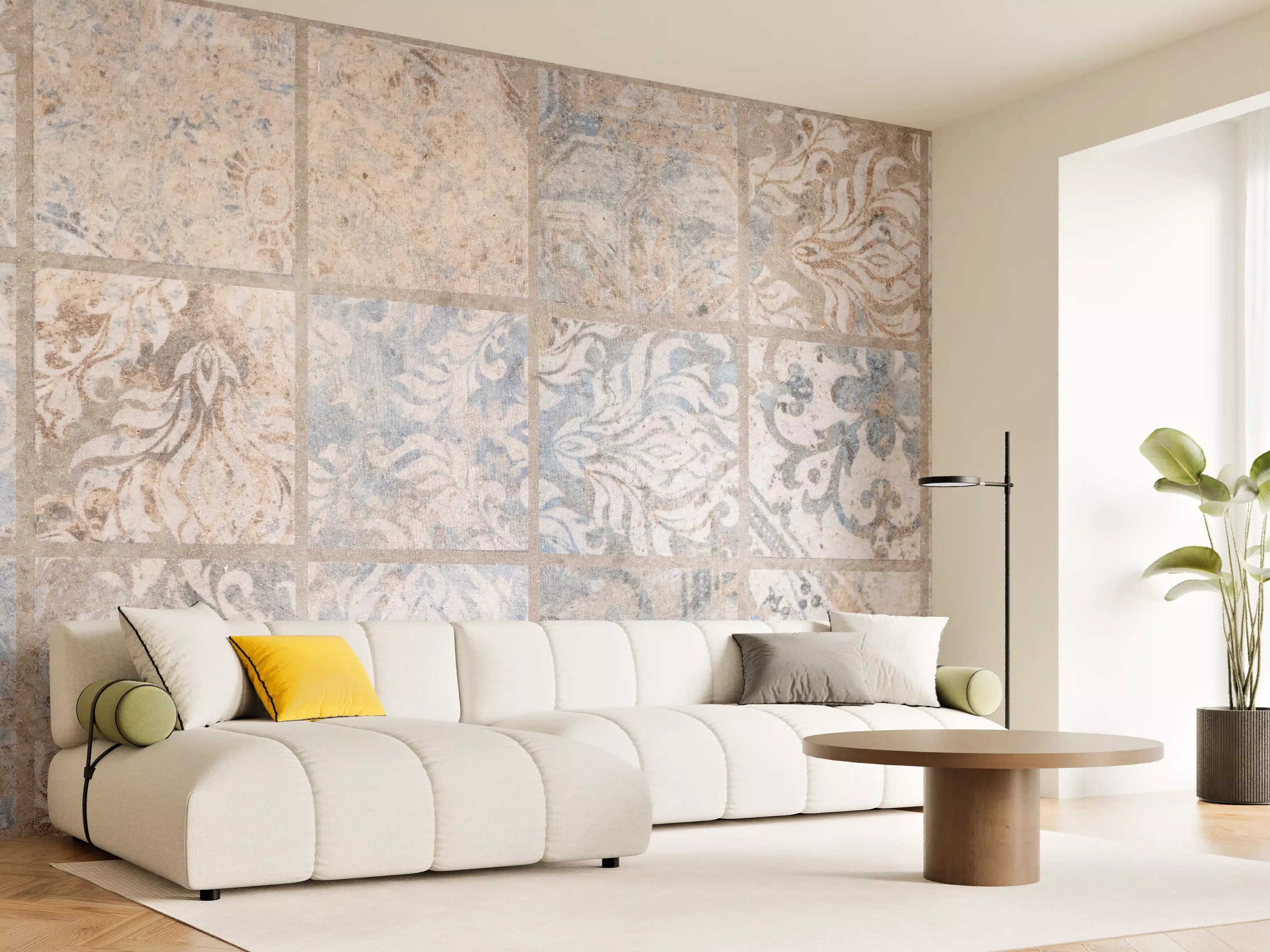 Wandverkleidung Wohnzimmer - Altes blau-braun Patchwork Motiv