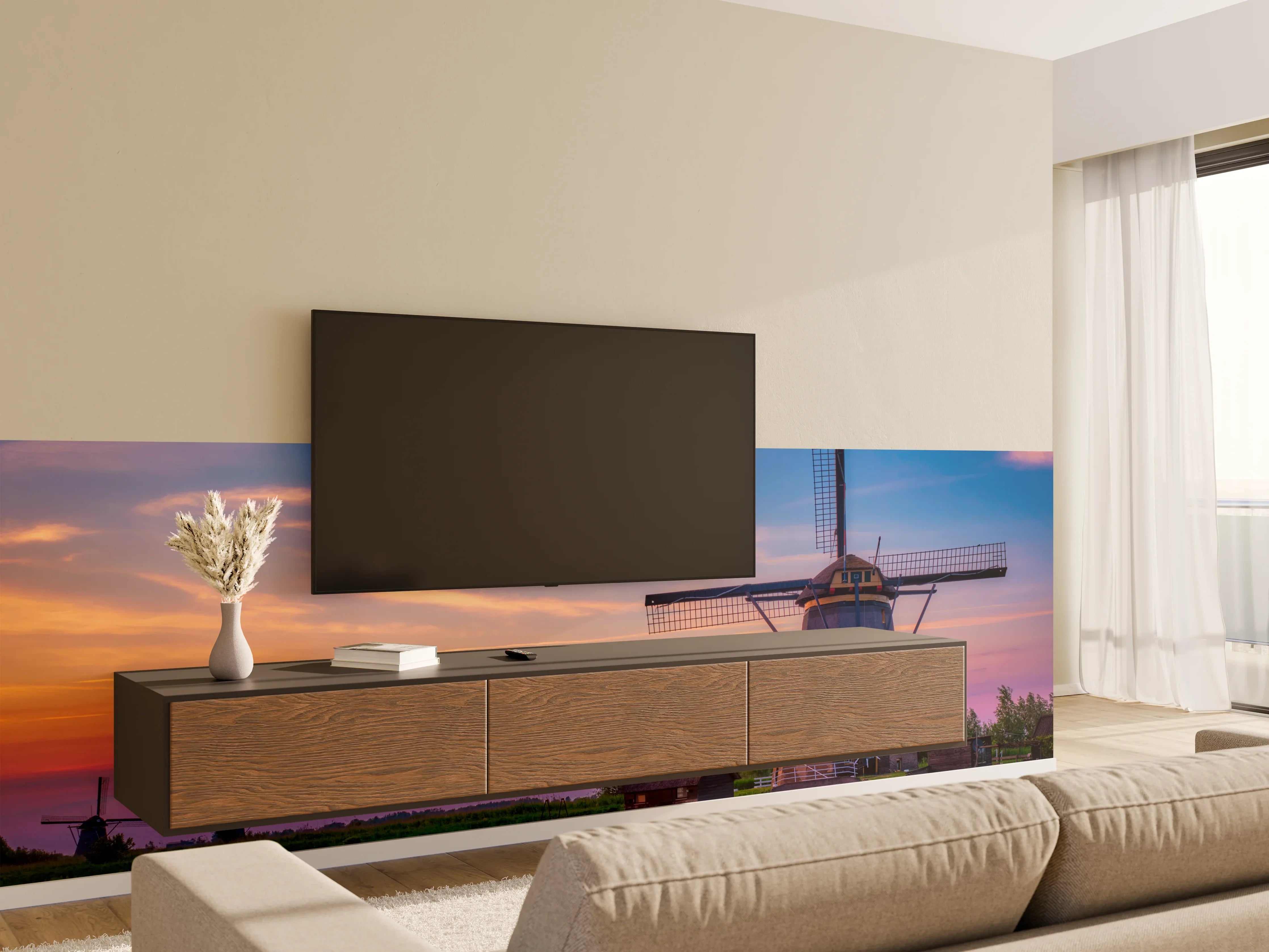 Wandverkleidung Wohnzimmer - Am malerischen Windmühlen bei Sonnenuntergang