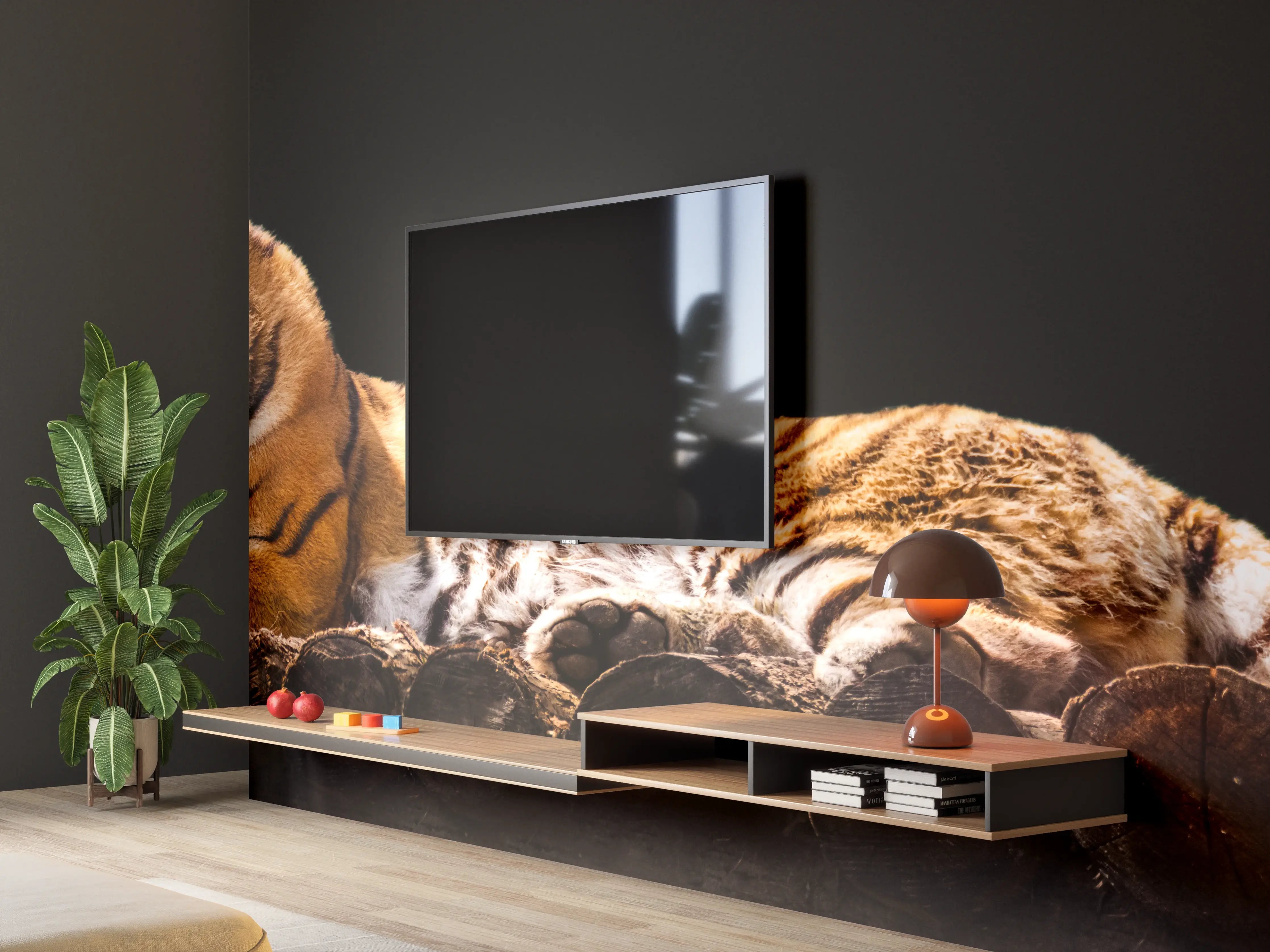Wandverkleidung Wohnzimmer - Amurtiger liegend auf Holzdeck mit Schwarzem Hintergrund
