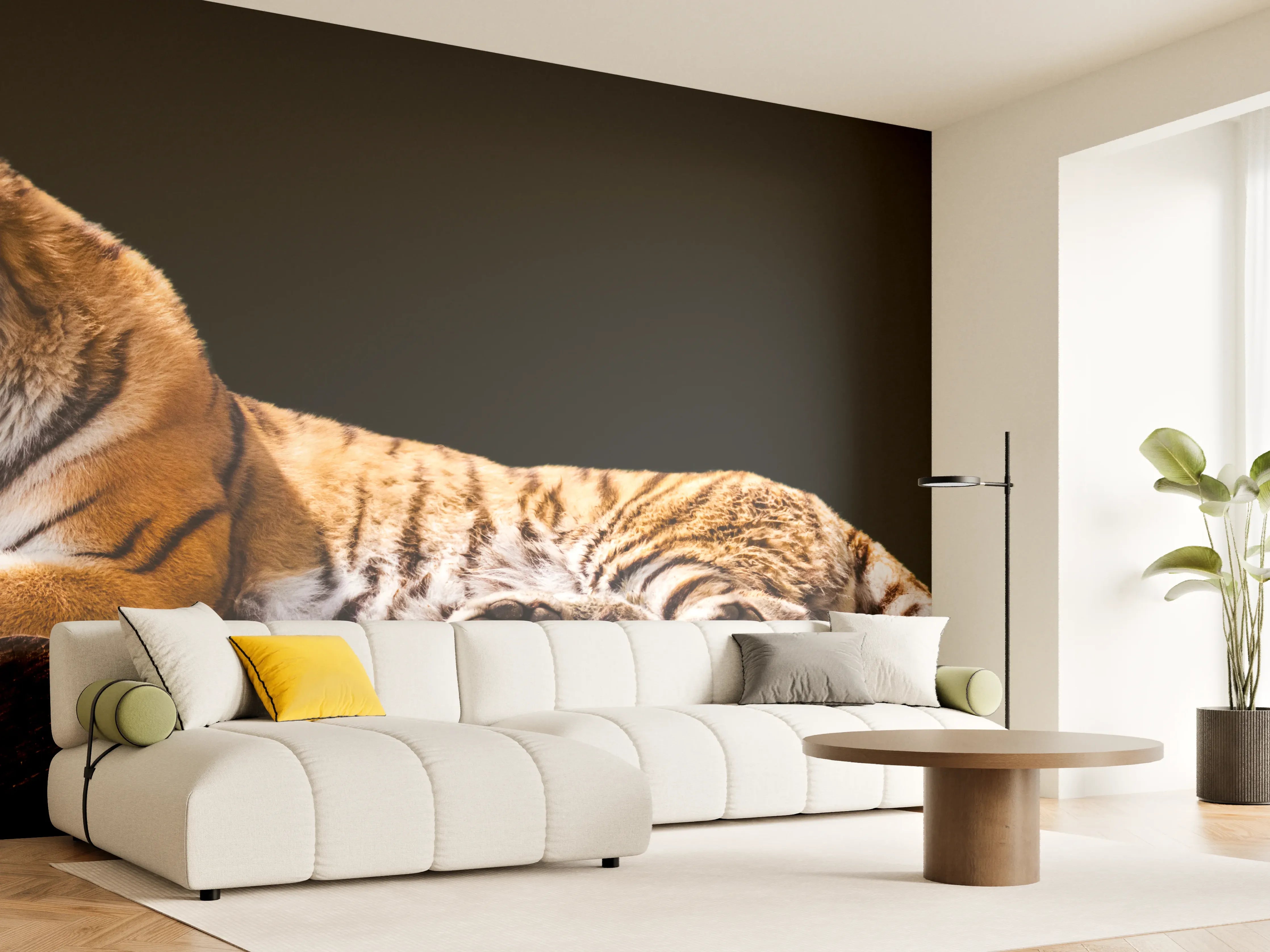 Wandverkleidung Wohnzimmer - Amurtiger liegend auf Holzdeck mit Schwarzem Hintergrund