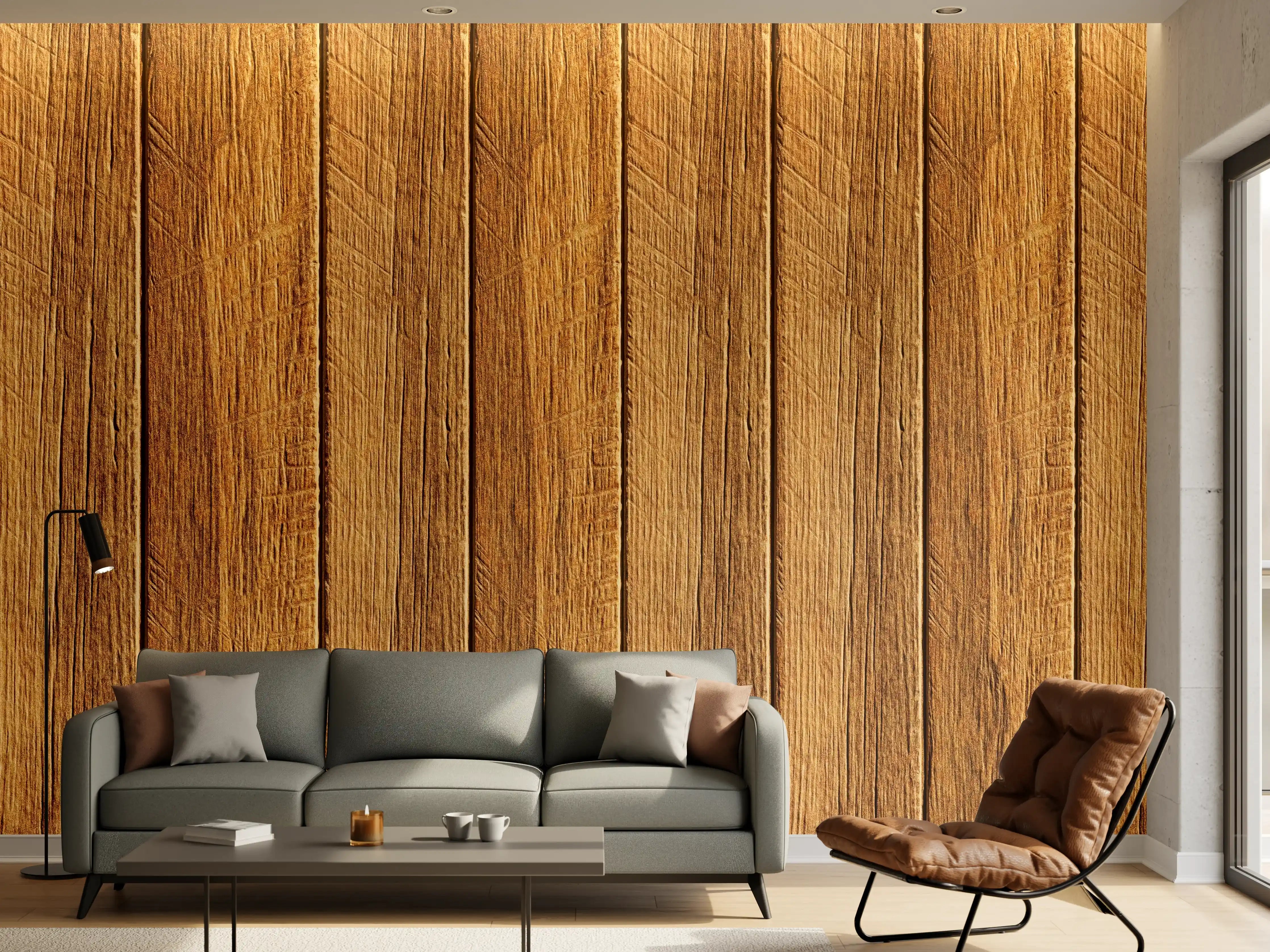 Wandverkleidung Wohnzimmer - Aneinandergereihte braune Holzplanken