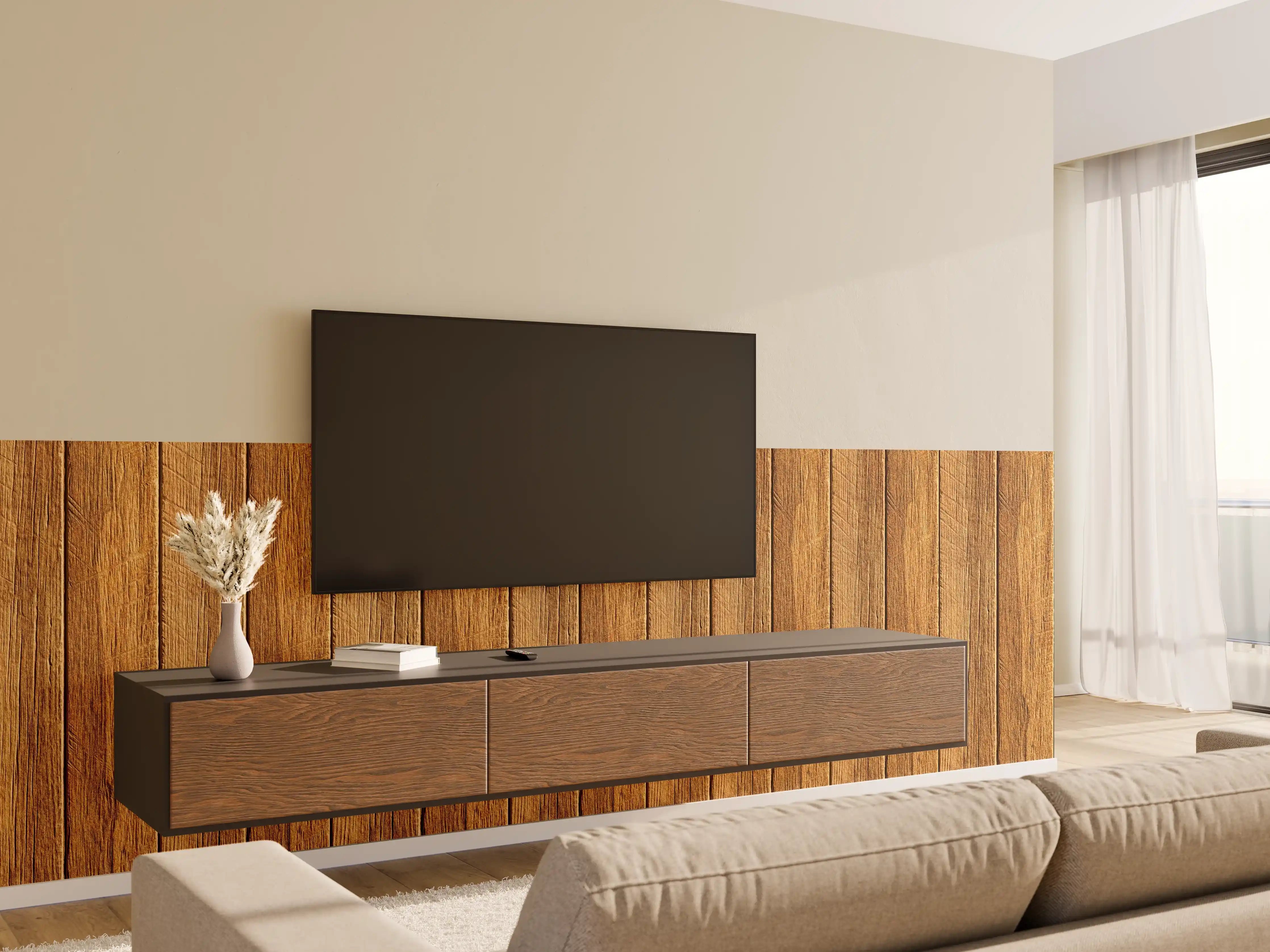 Wandverkleidung Wohnzimmer - Aneinandergereihte braune Holzplanken