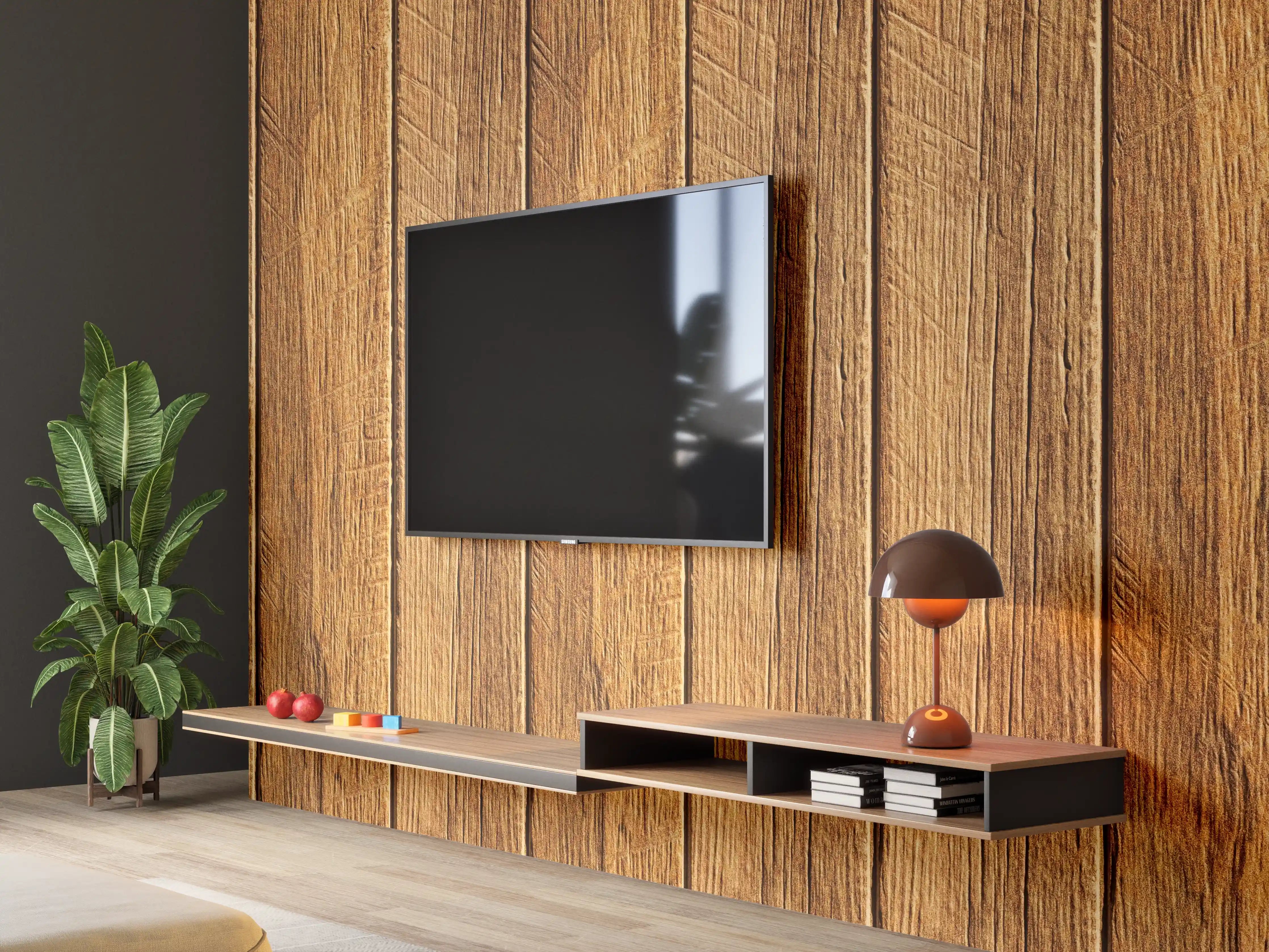 Wandverkleidung Wohnzimmer - Aneinandergereihte braune Holzplanken