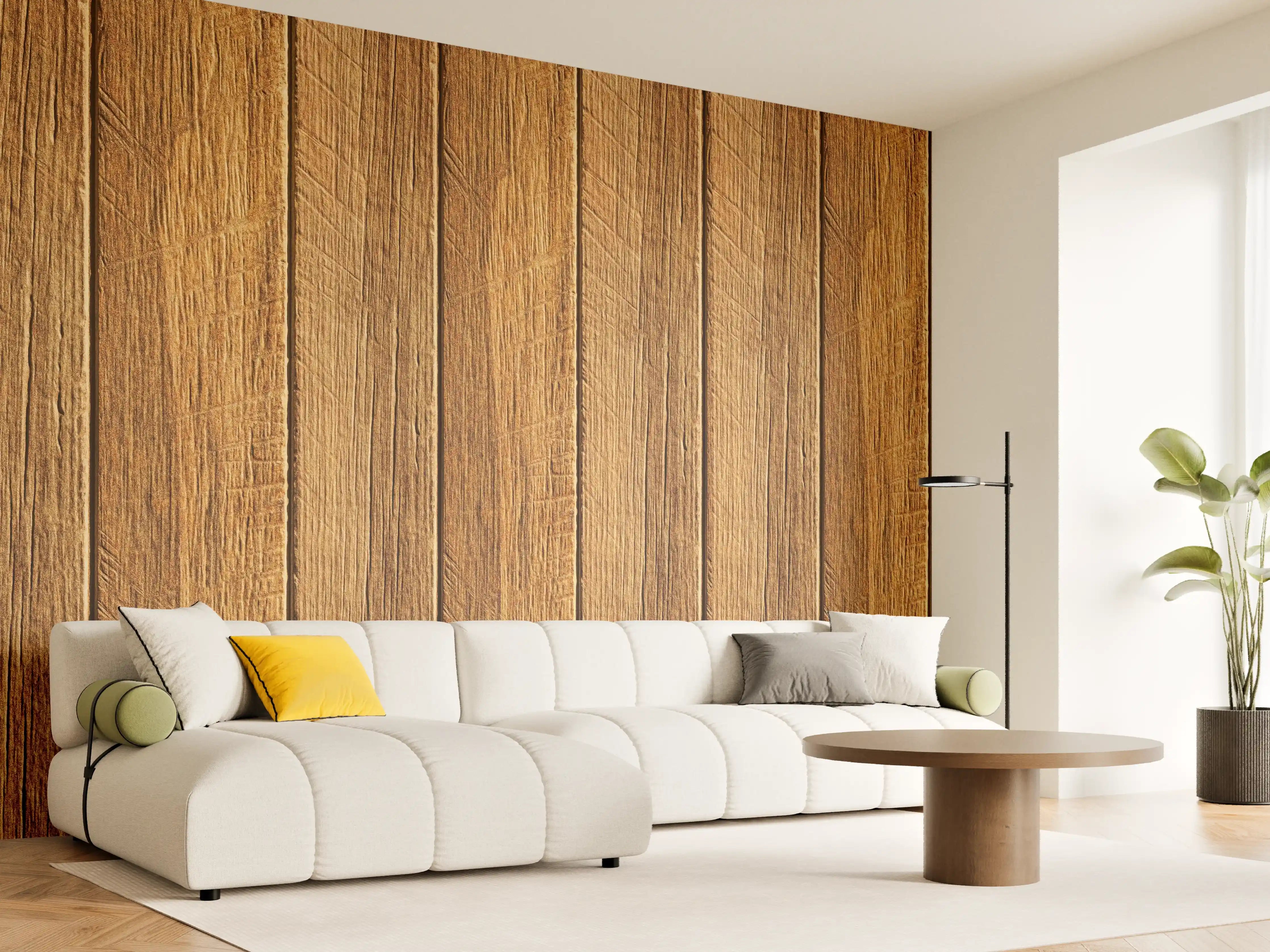 Wandverkleidung Wohnzimmer - Aneinandergereihte braune Holzplanken