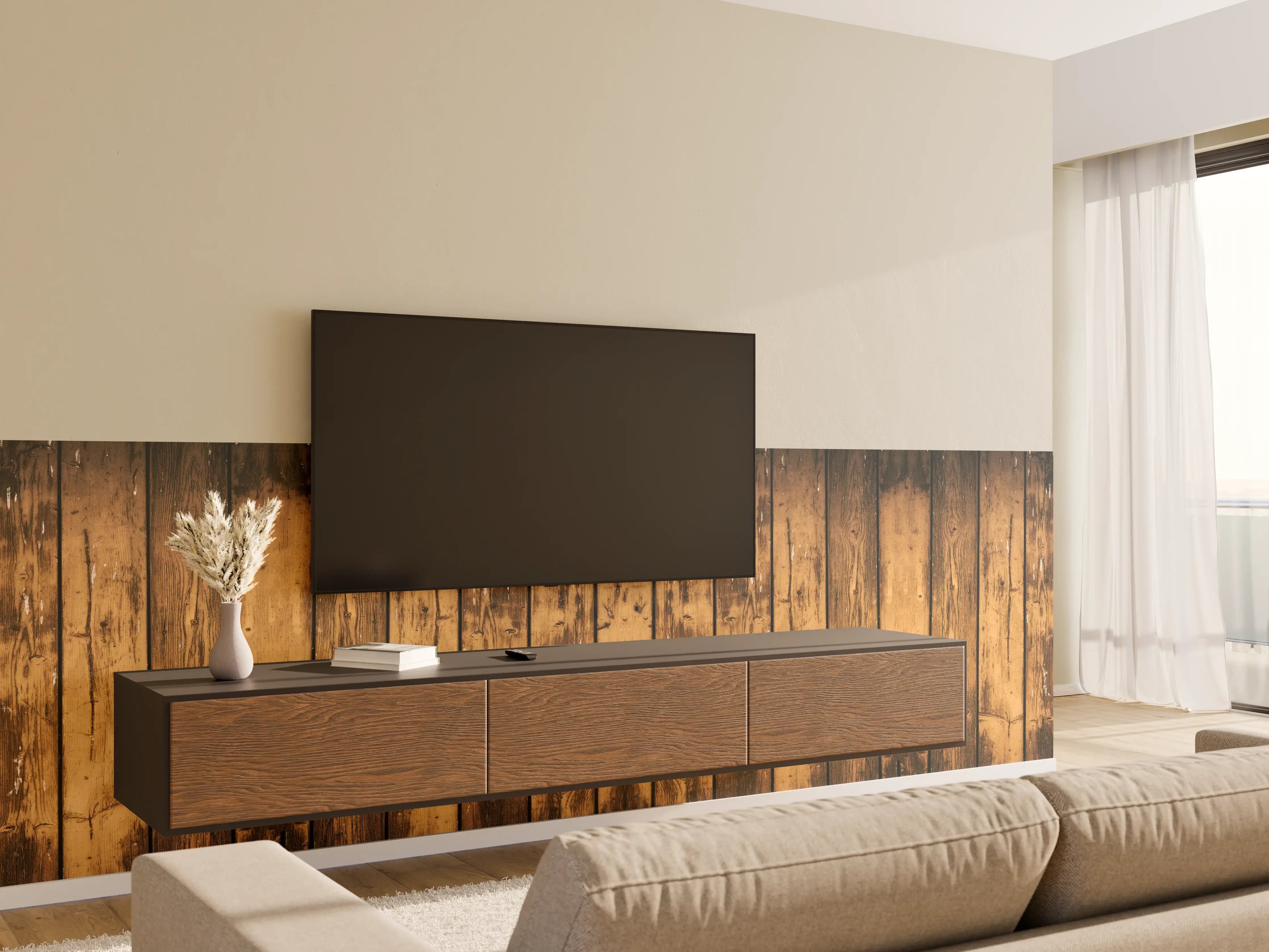 Wandverkleidung Wohnzimmer - Aneinandergereihte leicht angebrannte Holzplatten
