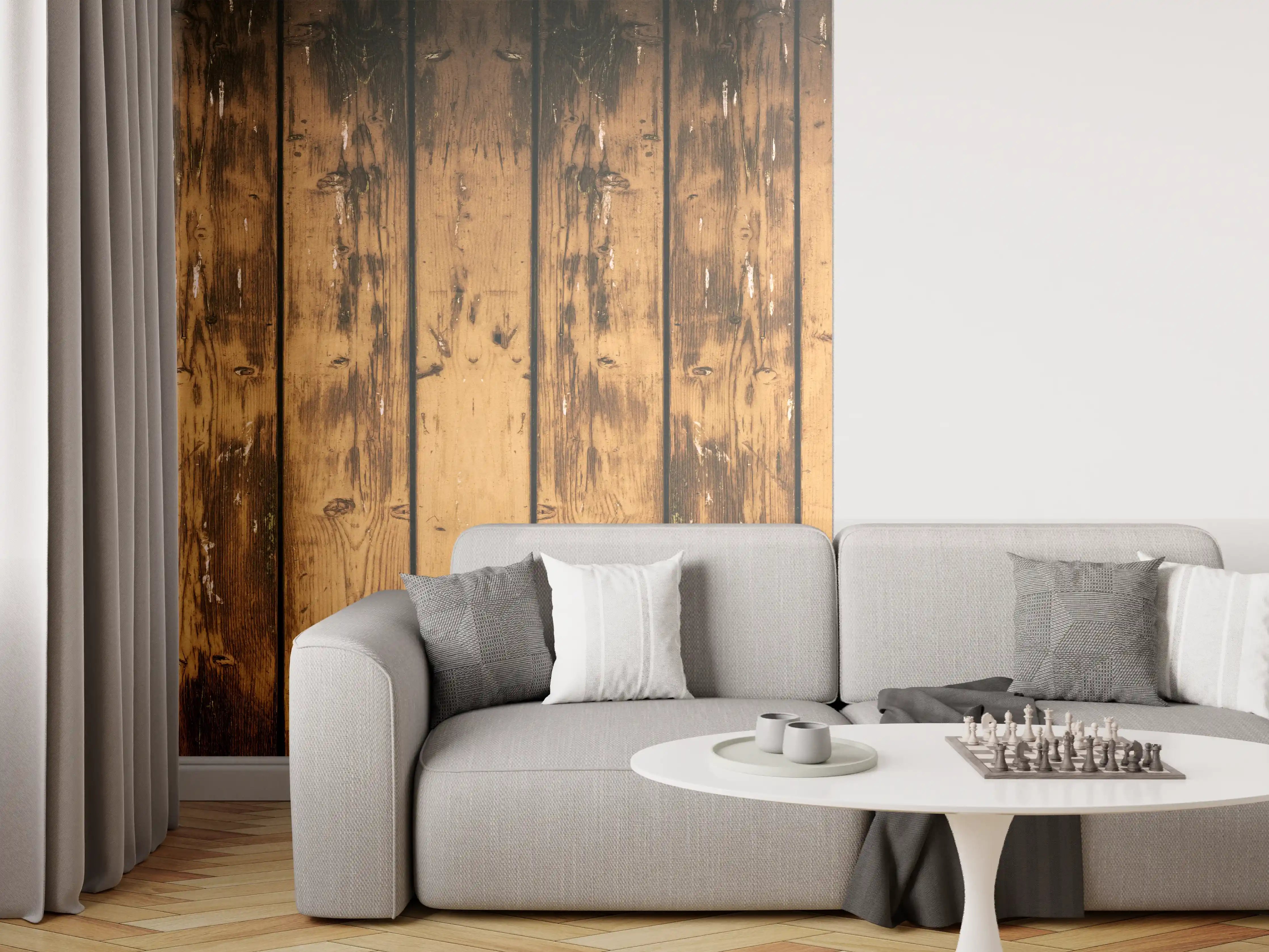 Wandverkleidung Wohnzimmer - Aneinandergereihte leicht angebrannte Holzplatten