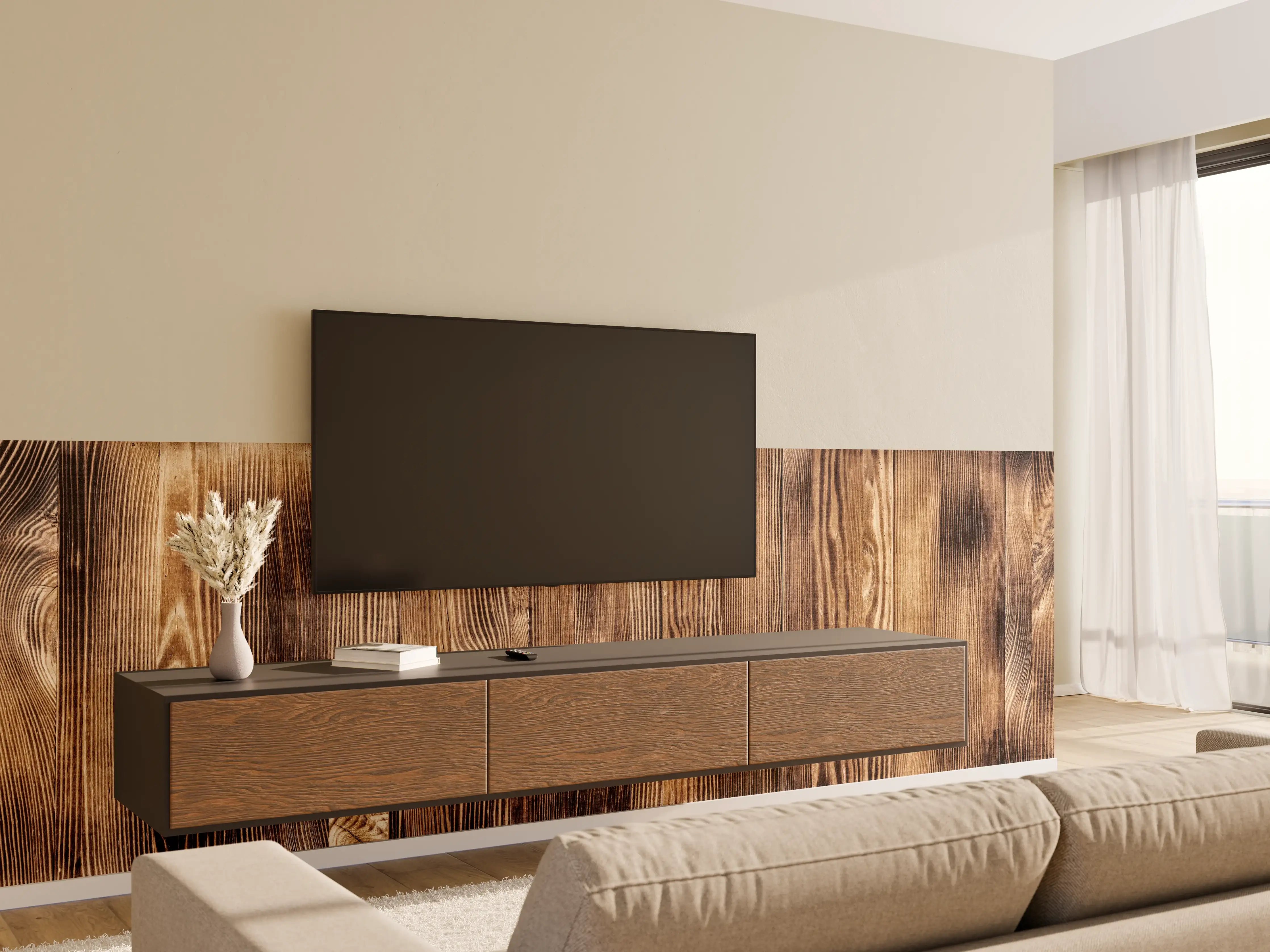 Wandverkleidung Wohnzimmer - Angebrannte Naturholzplatte