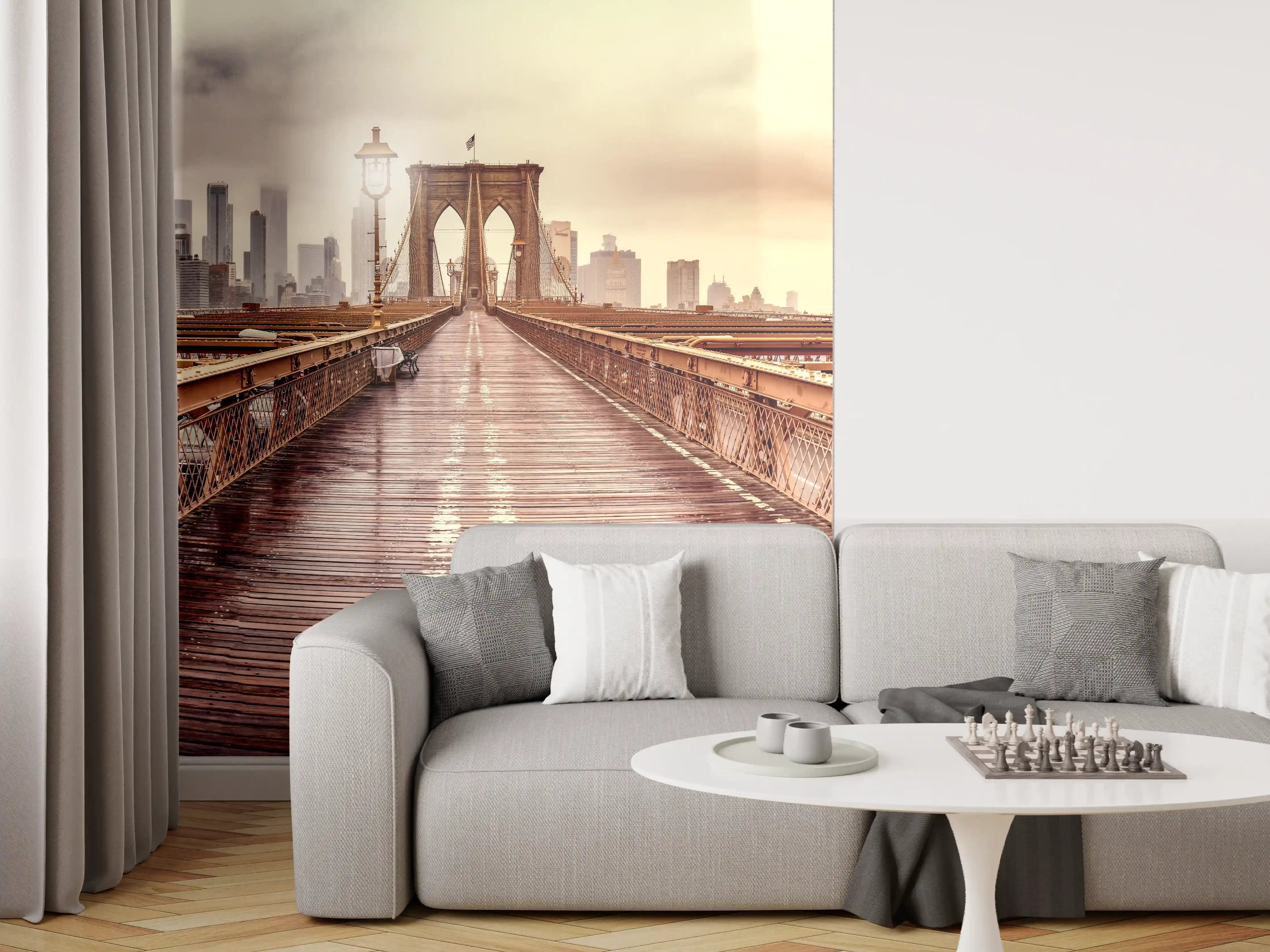 Wandverkleidung Wohnzimmer - Ansicht der Brücke auf die Stadt