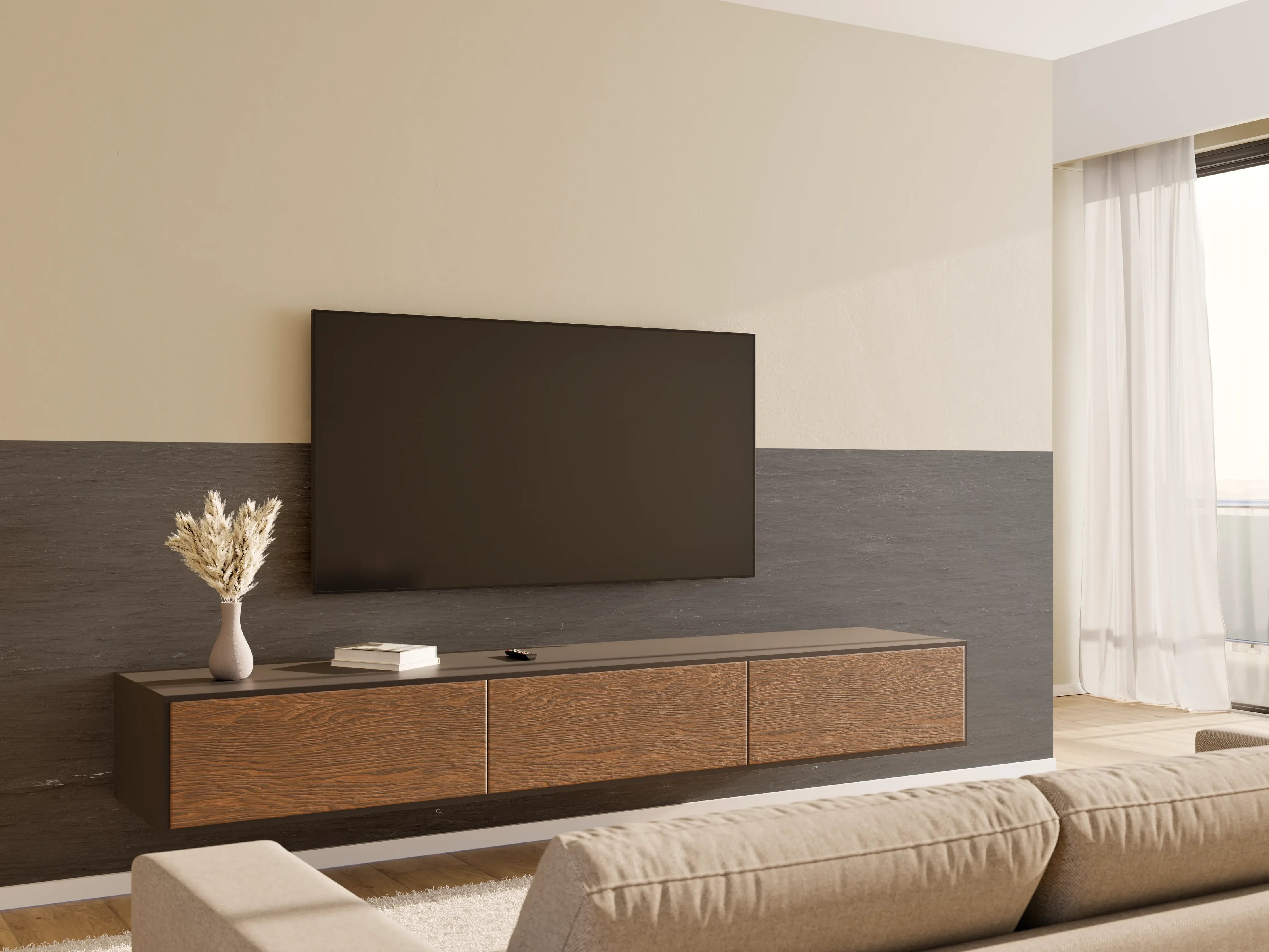 Wandverkleidung Wohnzimmer - Anthrazit Schiefer Textur Panorama