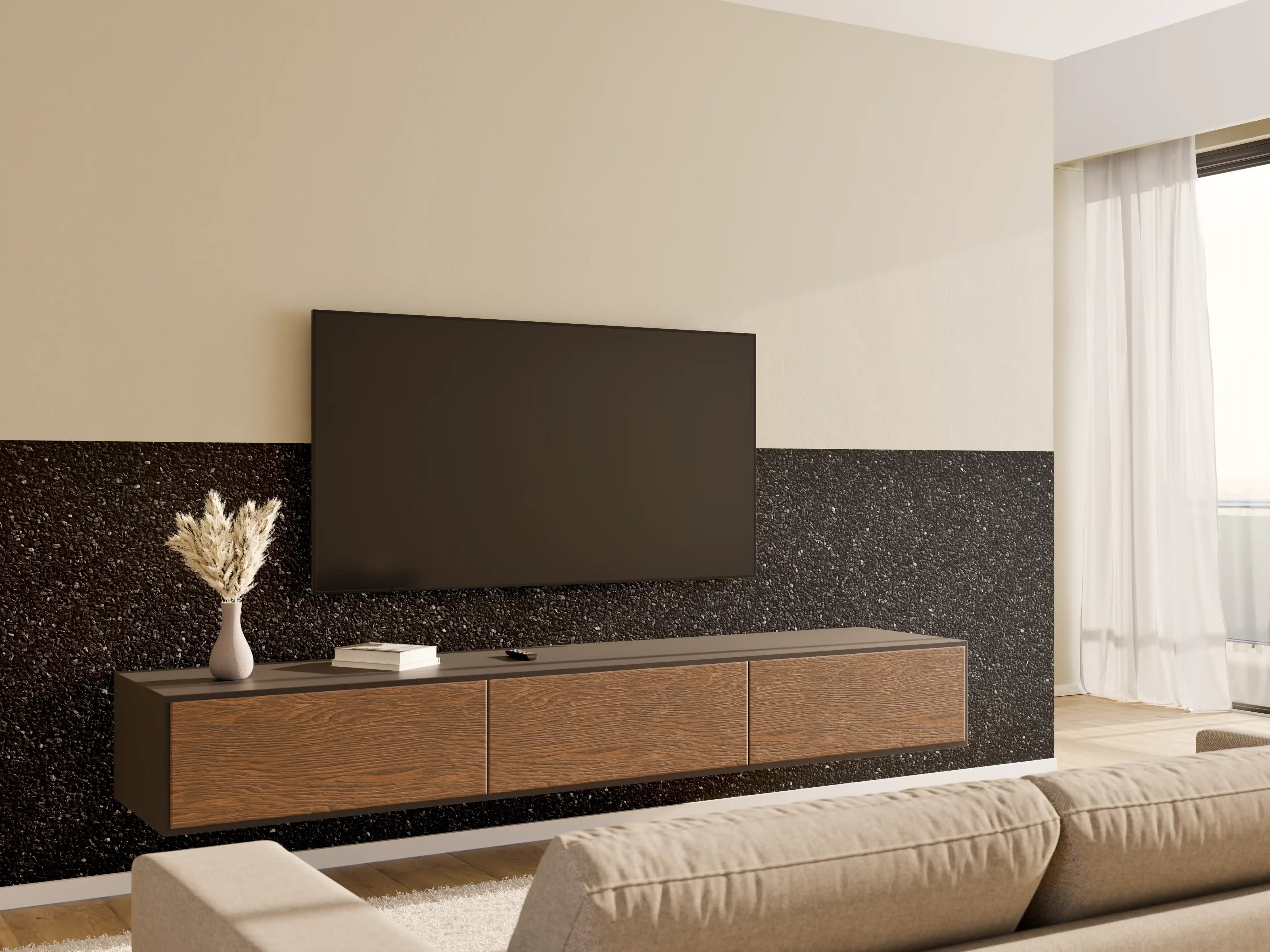 Wandverkleidung Wohnzimmer - Anthrazitfarbenes Oberflächenpanorama