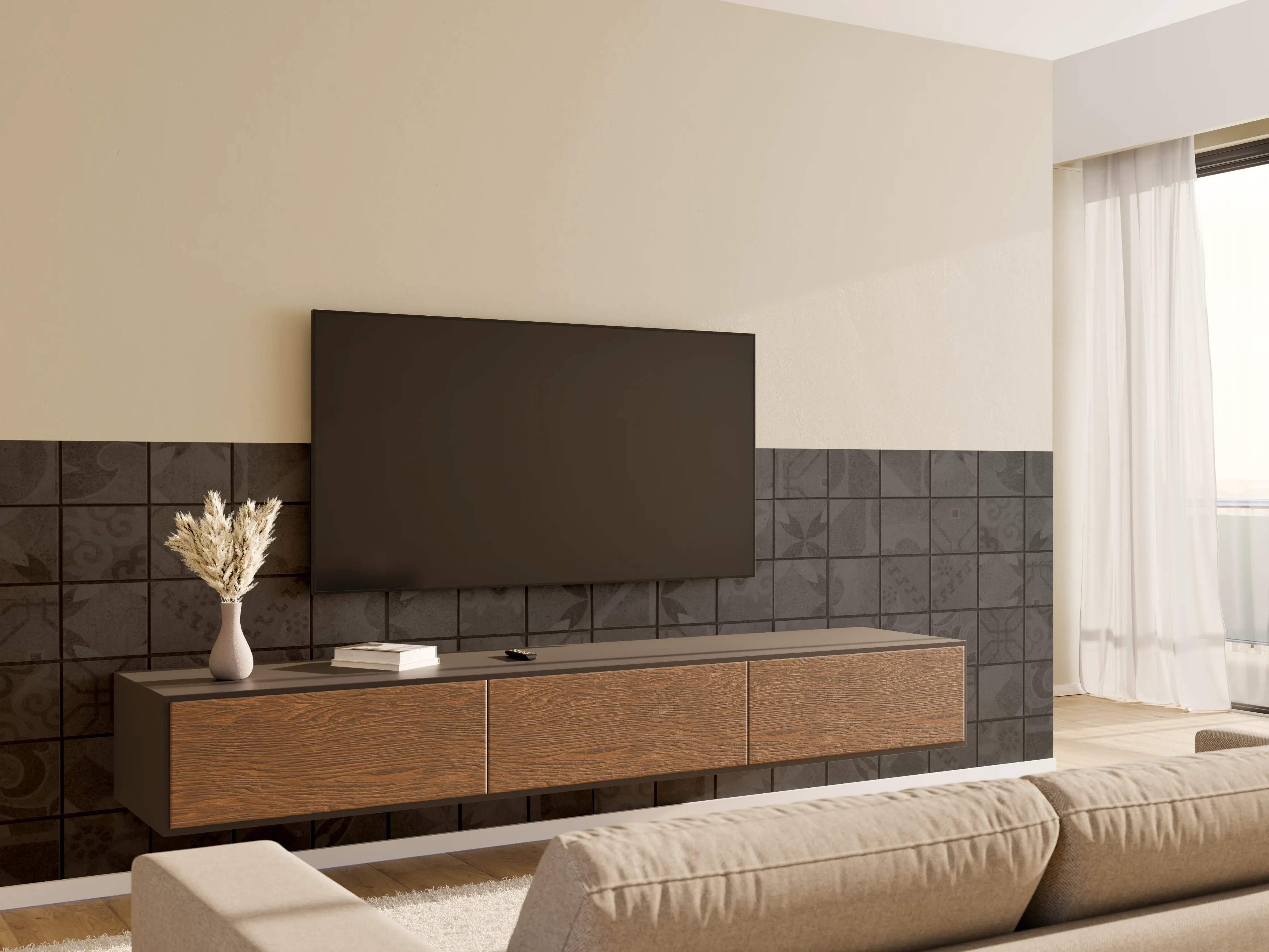 Wandverkleidung Wohnzimmer - Anthrazitfarbenes Quadratisches Mosaikmotiv