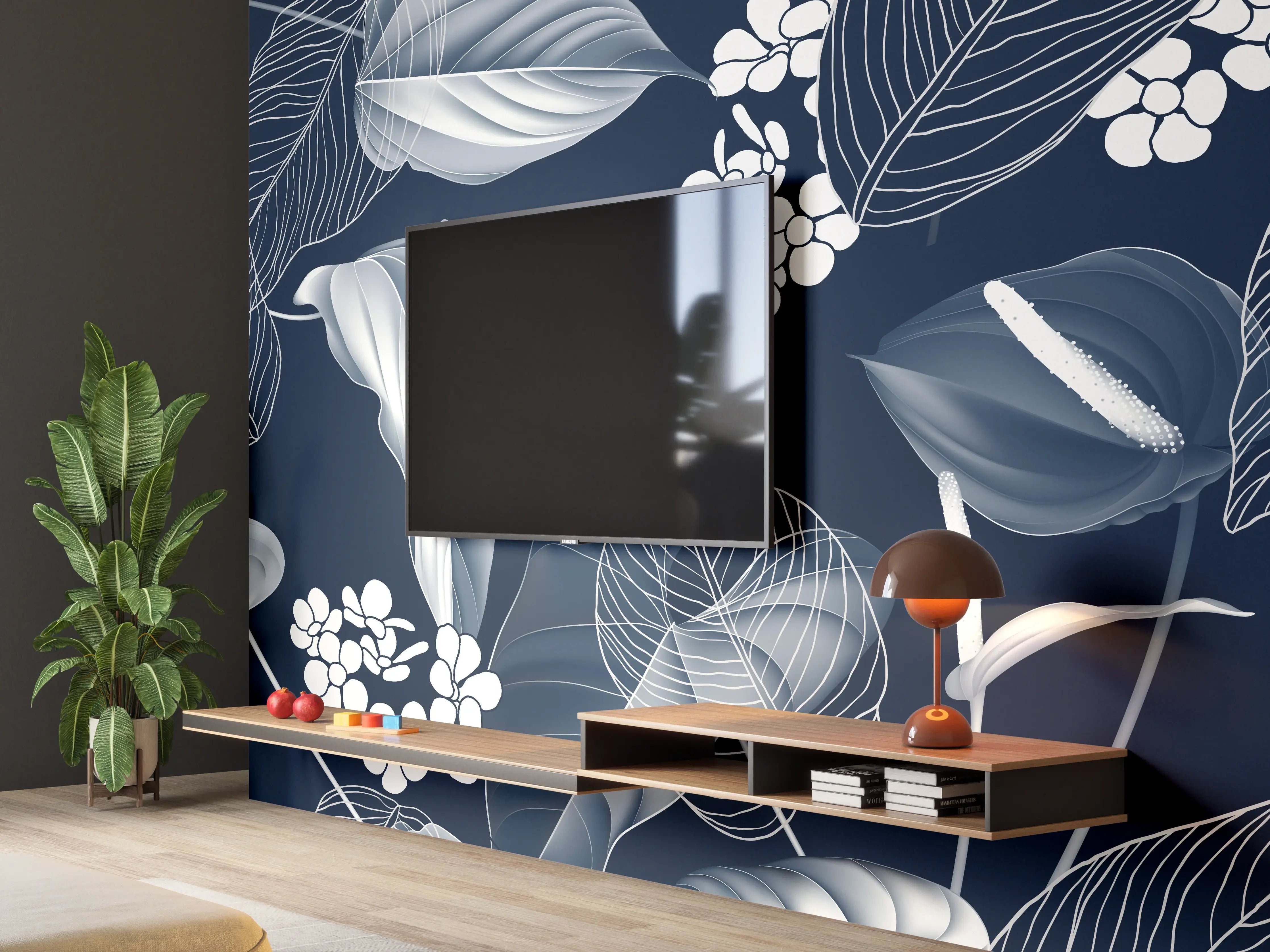 Wandverkleidung Wohnzimmer - Anthurium Blumen Dunkelblau Muster
