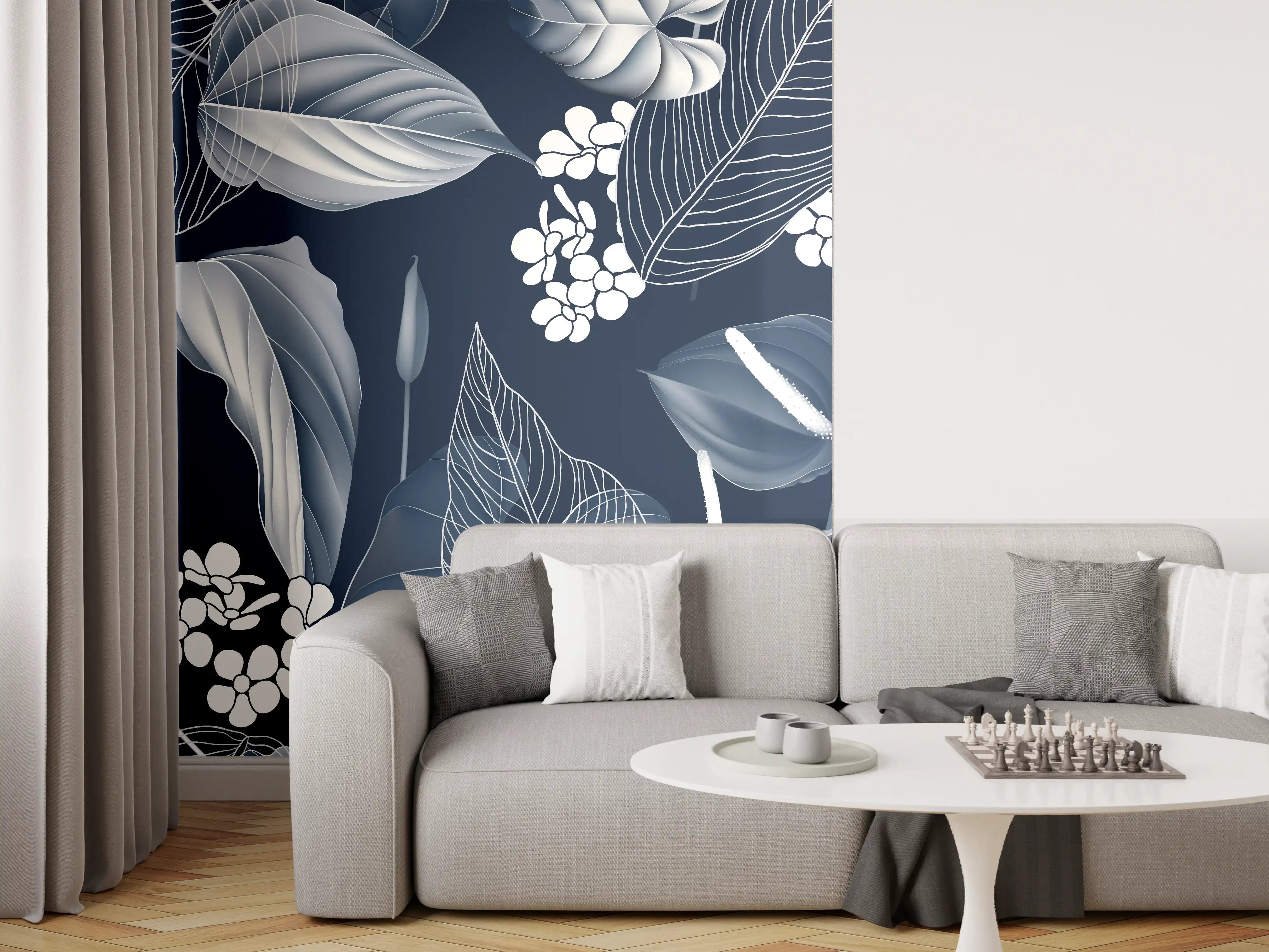 Wandverkleidung Wohnzimmer - Anthurium Blumen Dunkelblau Muster