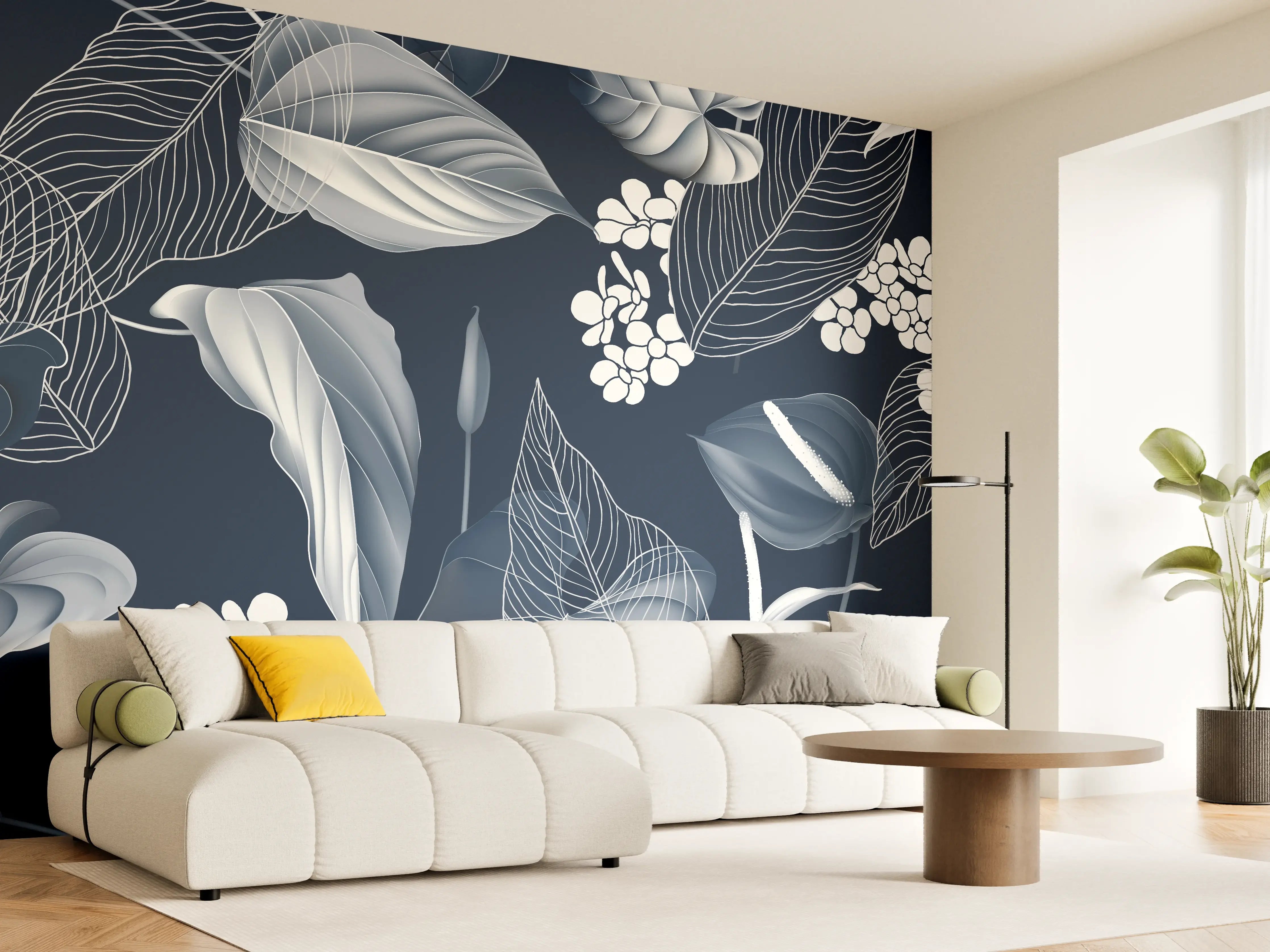 Wandverkleidung Wohnzimmer - Anthurium Blumen Dunkelblau Muster