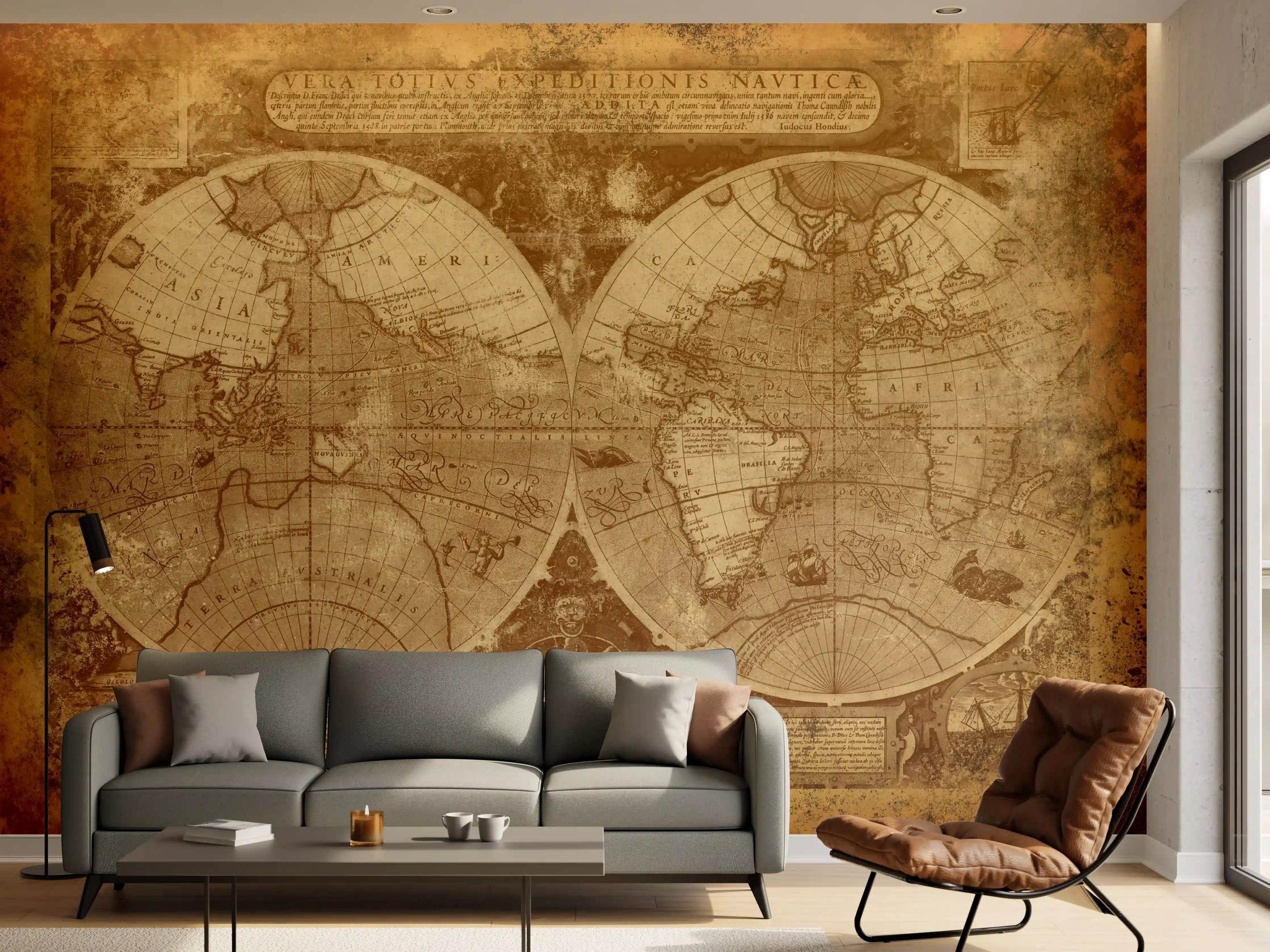 Wandverkleidung Wohnzimmer - Antike Weltkarte mit sepia Farbton
