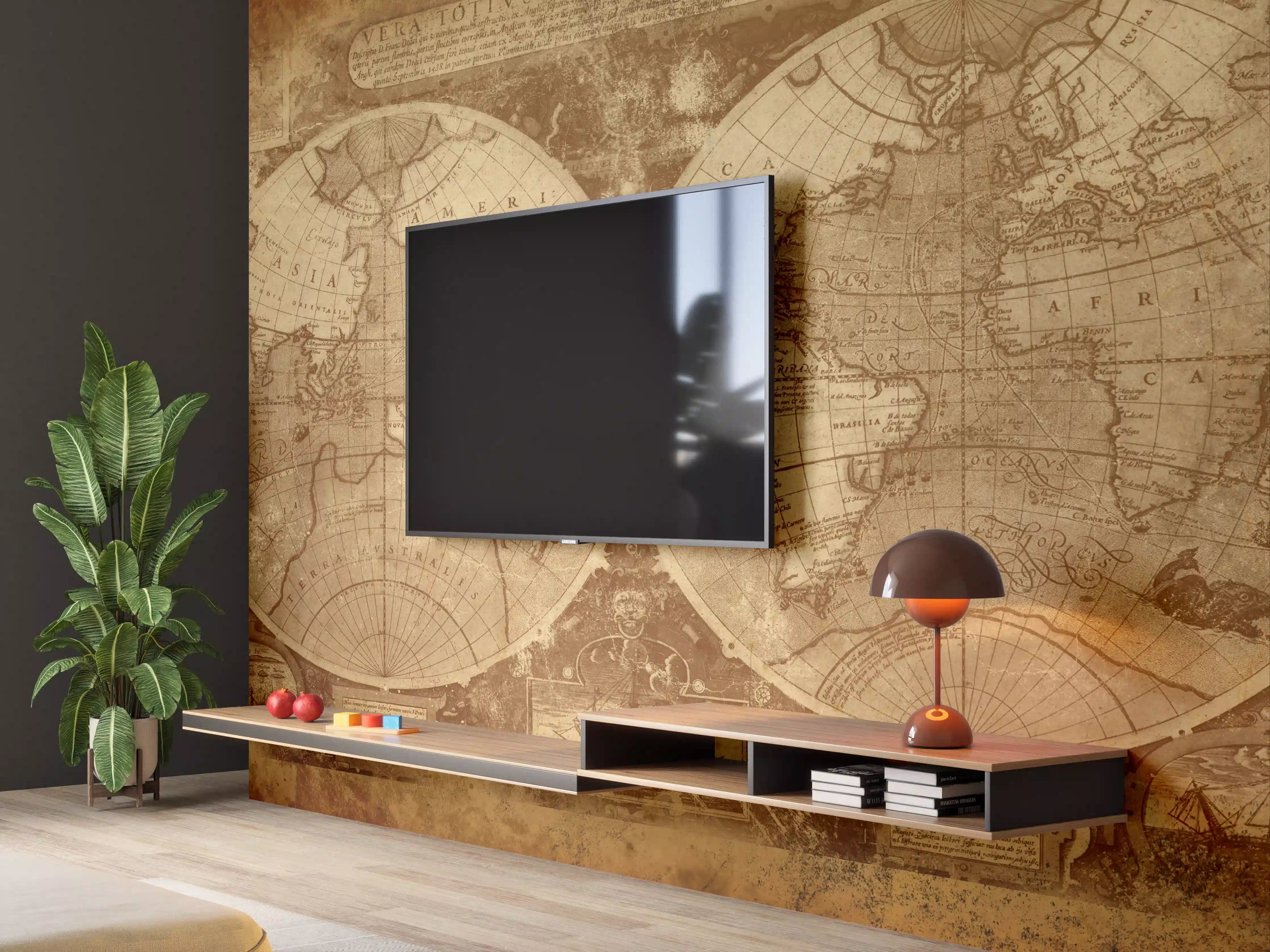 Wandverkleidung Wohnzimmer - Antike Weltkarte mit sepia Farbton