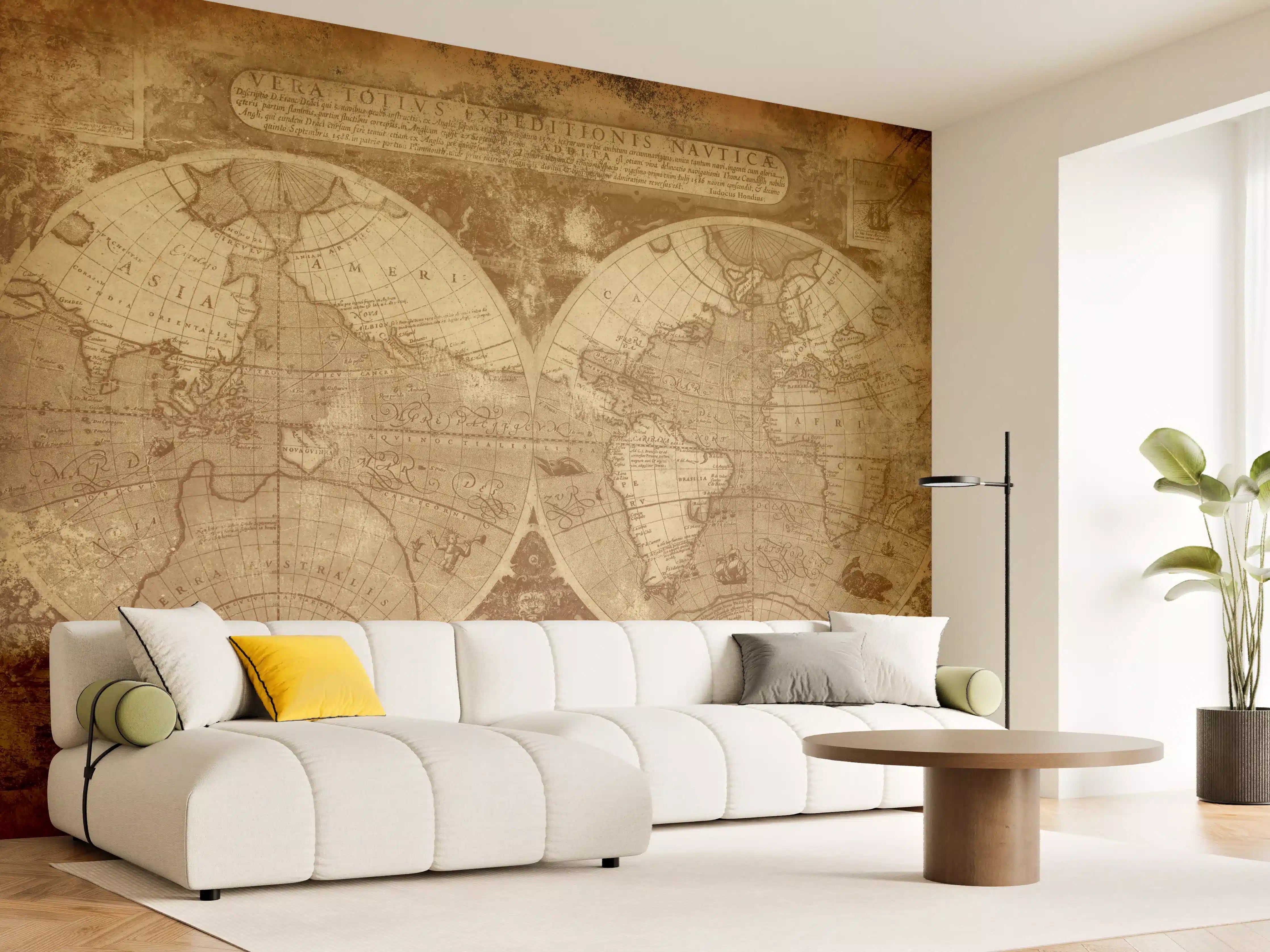 Wandverkleidung Wohnzimmer - Antike Weltkarte mit sepia Farbton