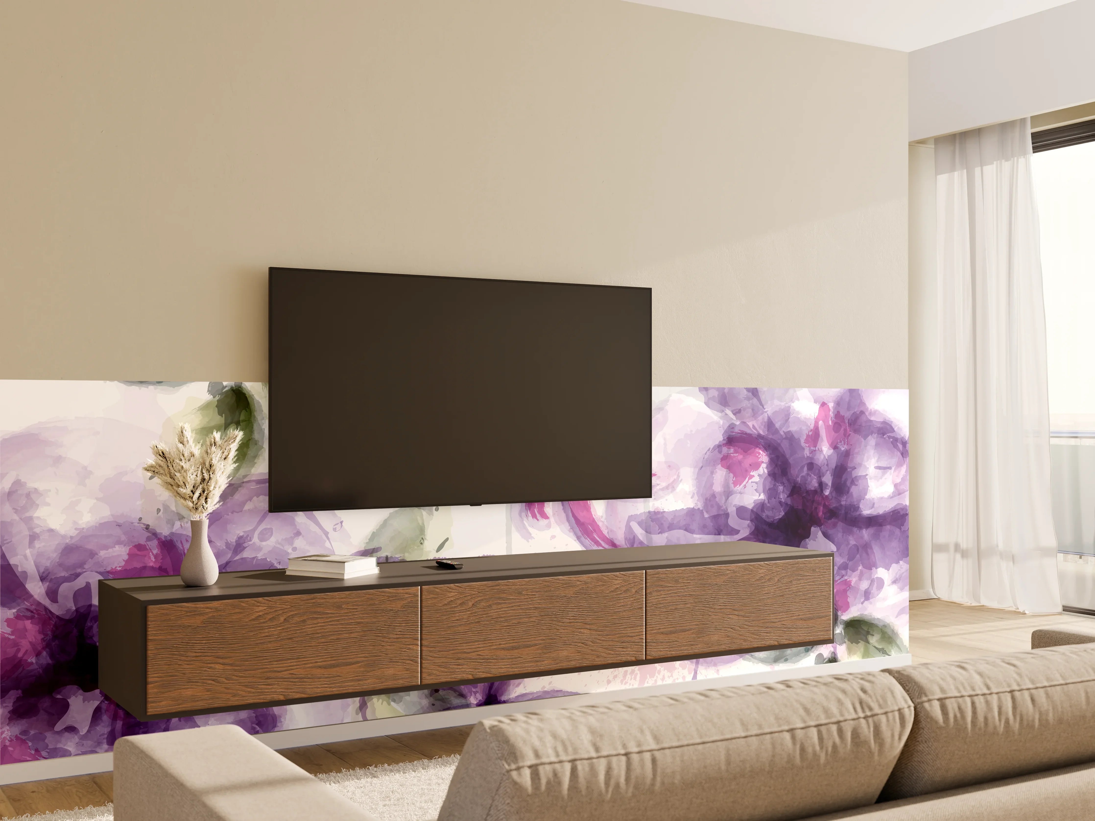 Wandverkleidung Wohnzimmer - Aquarall Blumen