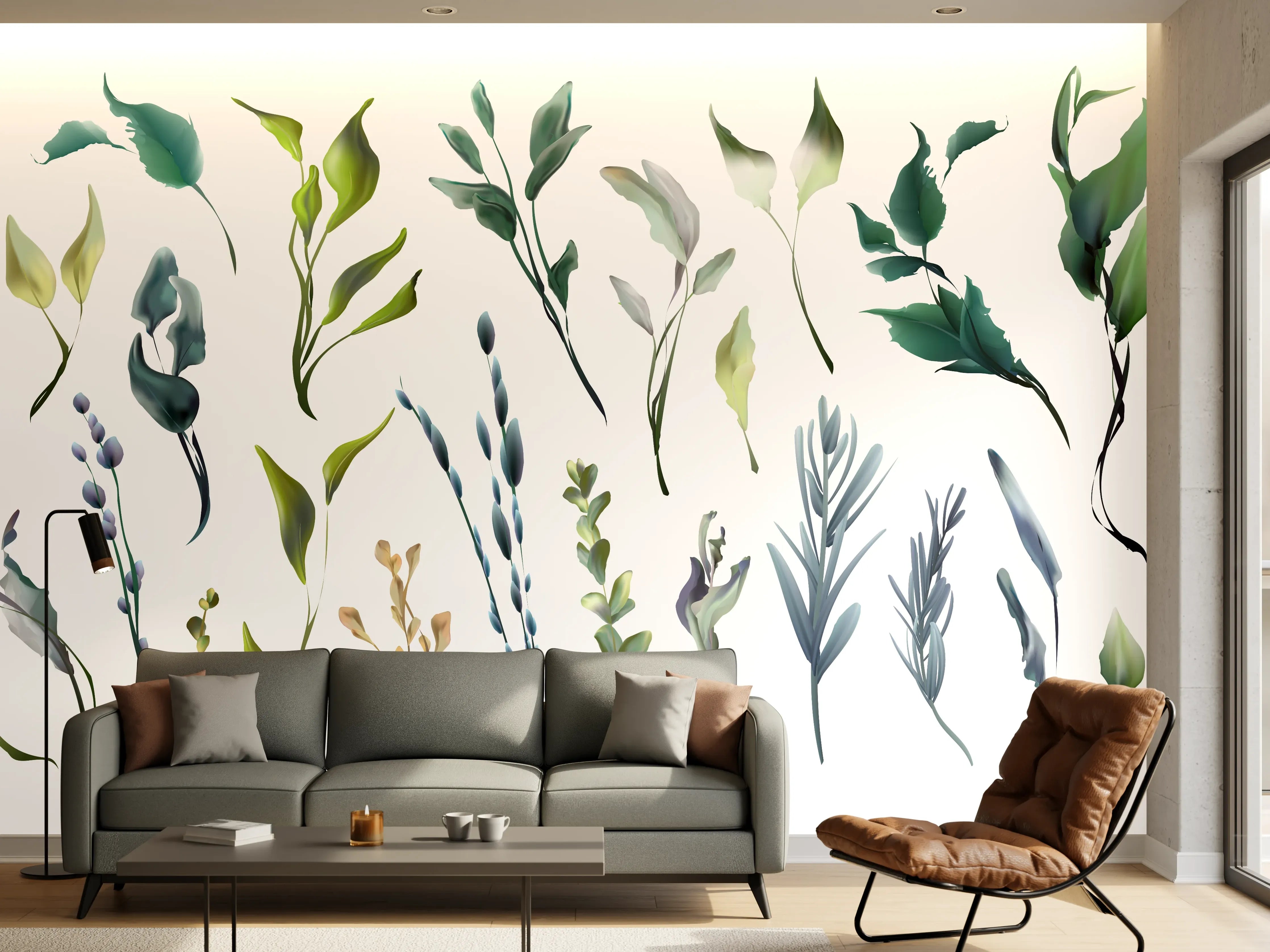 Wandverkleidung Wohnzimmer - Aquarell Blätter Silhouetten Set