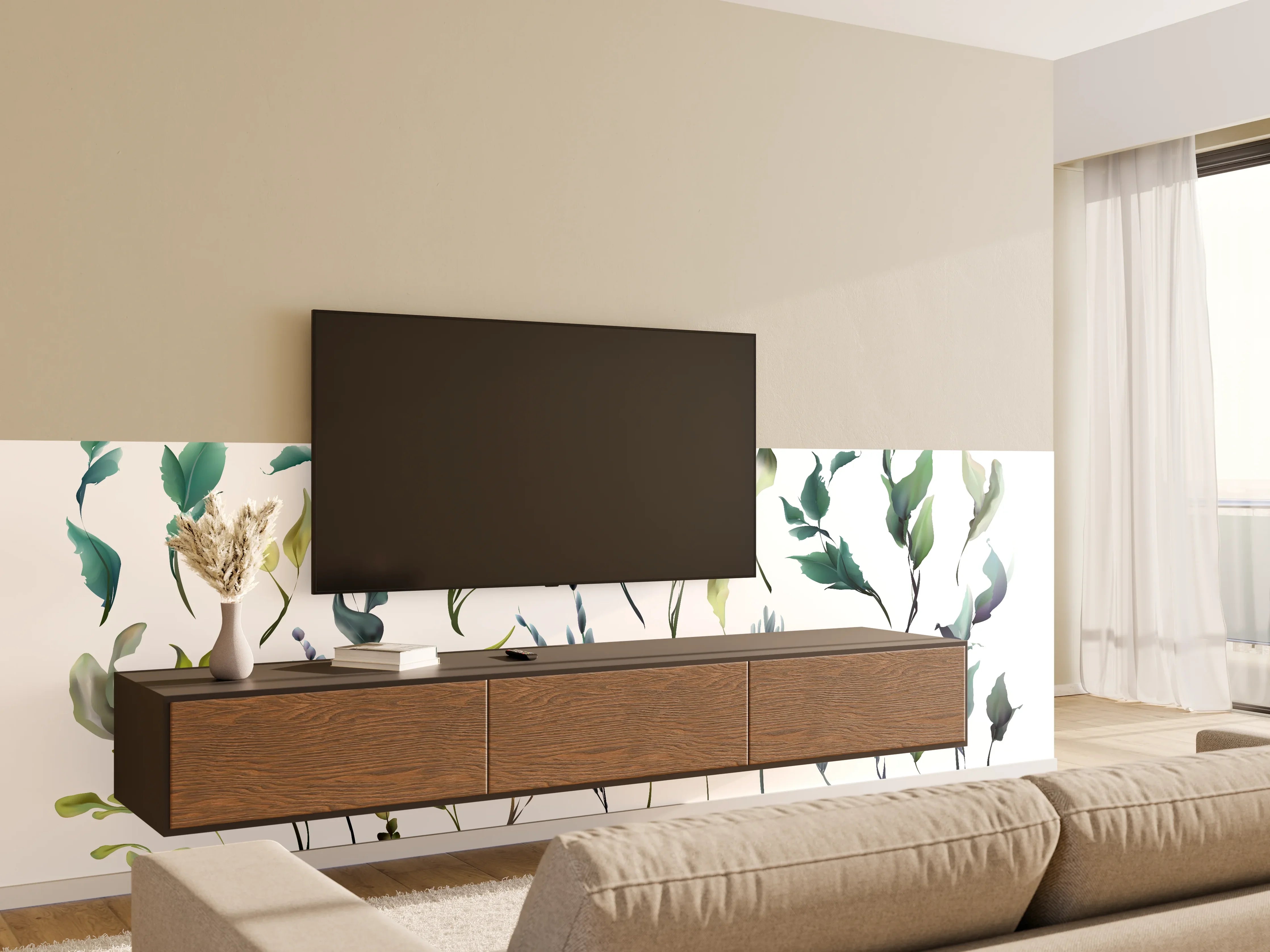 Wandverkleidung Wohnzimmer - Aquarell Blätter Silhouetten Set