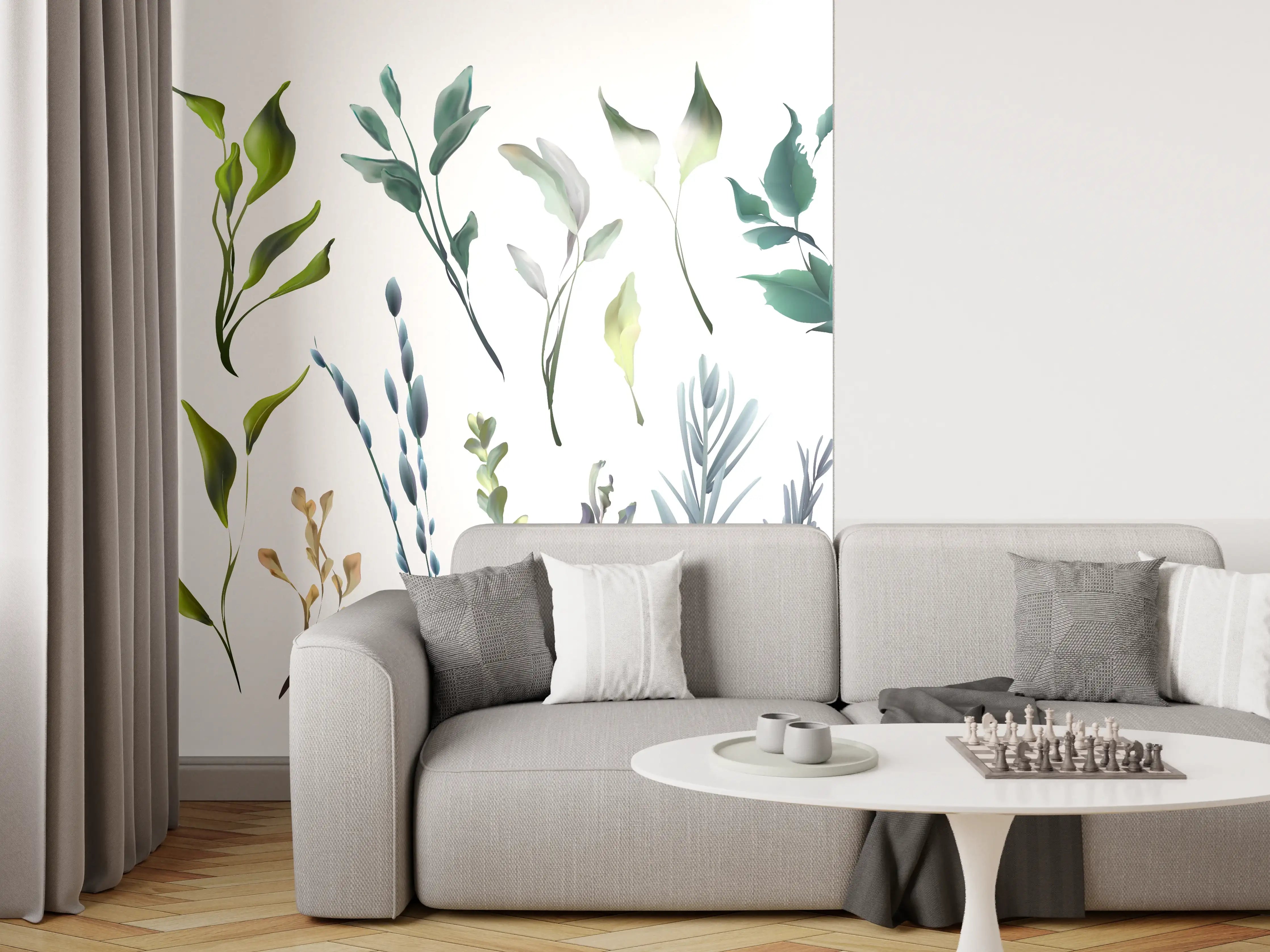 Wandverkleidung Wohnzimmer - Aquarell Blätter Silhouetten Set
