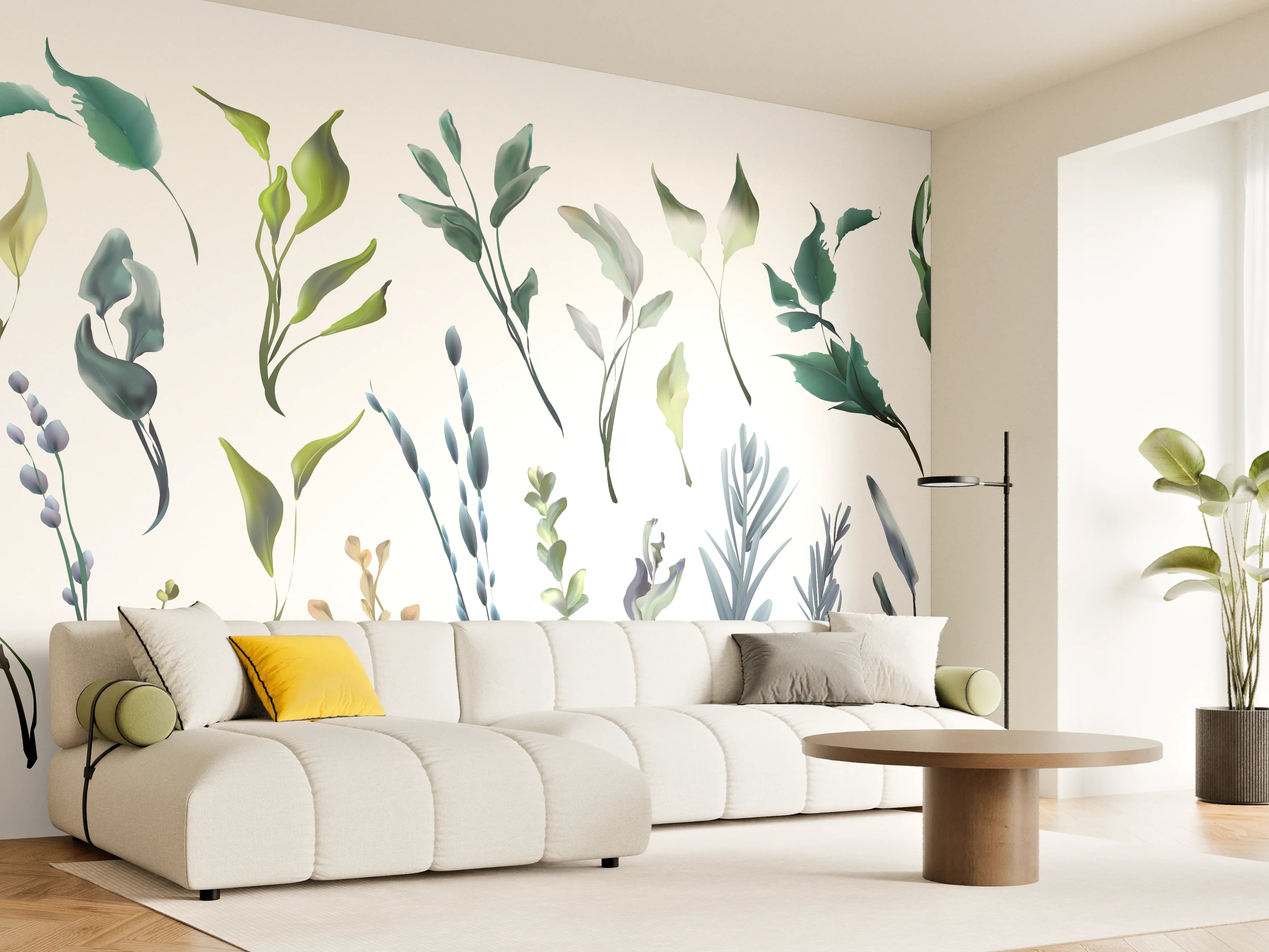 Wandverkleidung Wohnzimmer - Aquarell Blätter Silhouetten Set