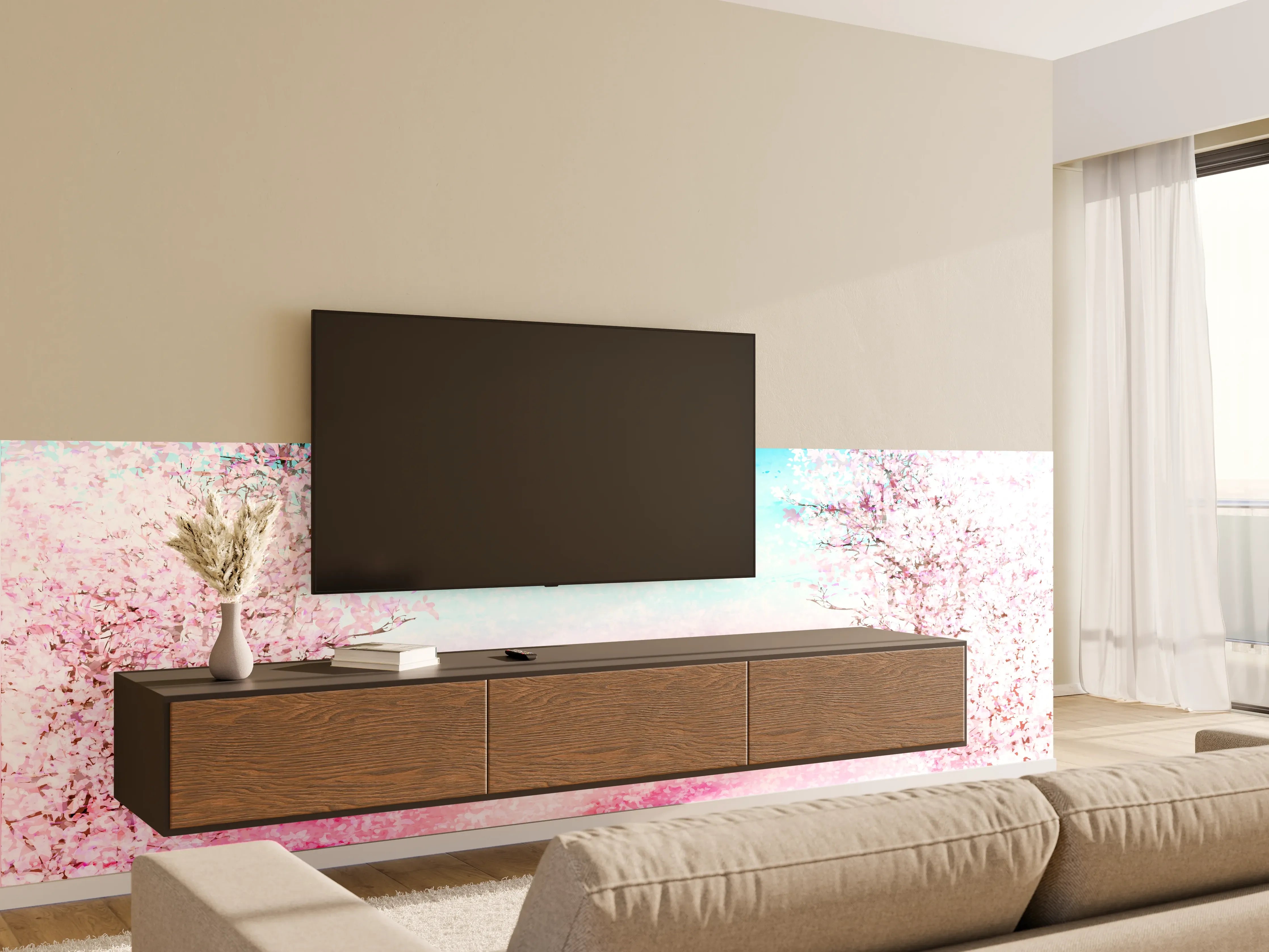Wandverkleidung Wohnzimmer - Aquarell Frühlingsbaum Rosa