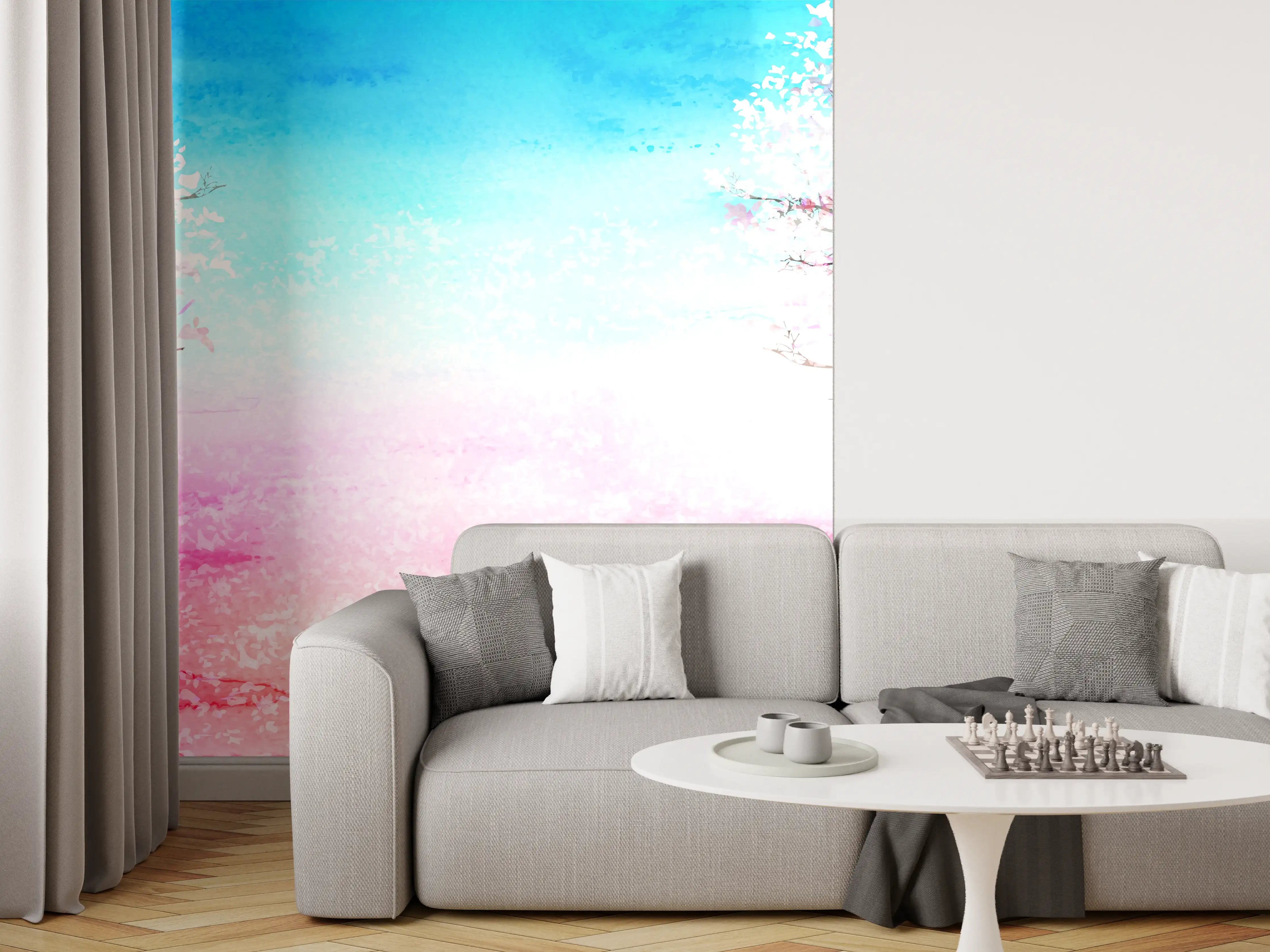 Wandverkleidung Wohnzimmer - Aquarell Frühlingsbaum Rosa