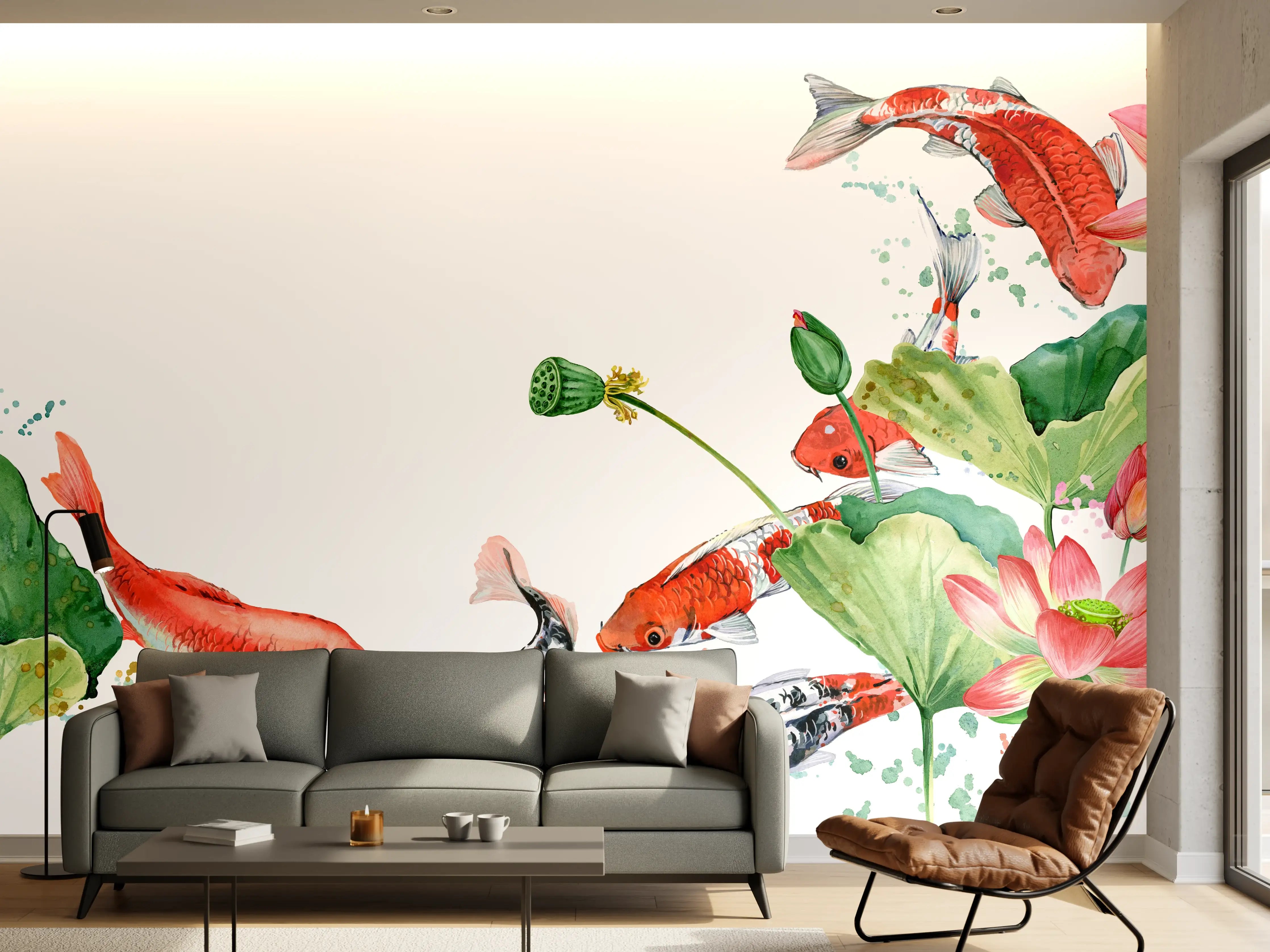 Wandverkleidung Wohnzimmer - Aquarell Koi Karpfen und Lotusblume