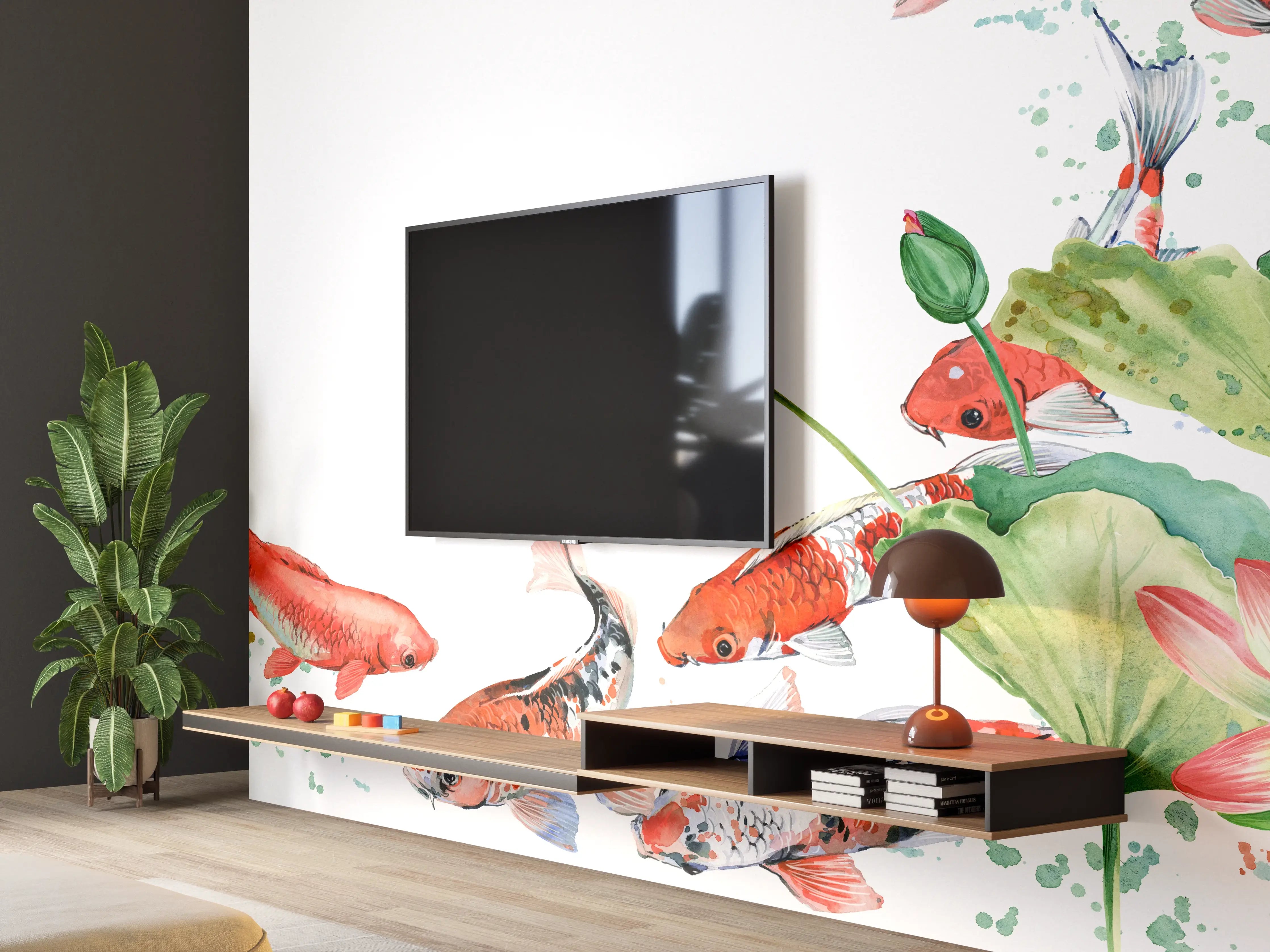 Wandverkleidung Wohnzimmer - Aquarell Koi Karpfen und Lotusblume