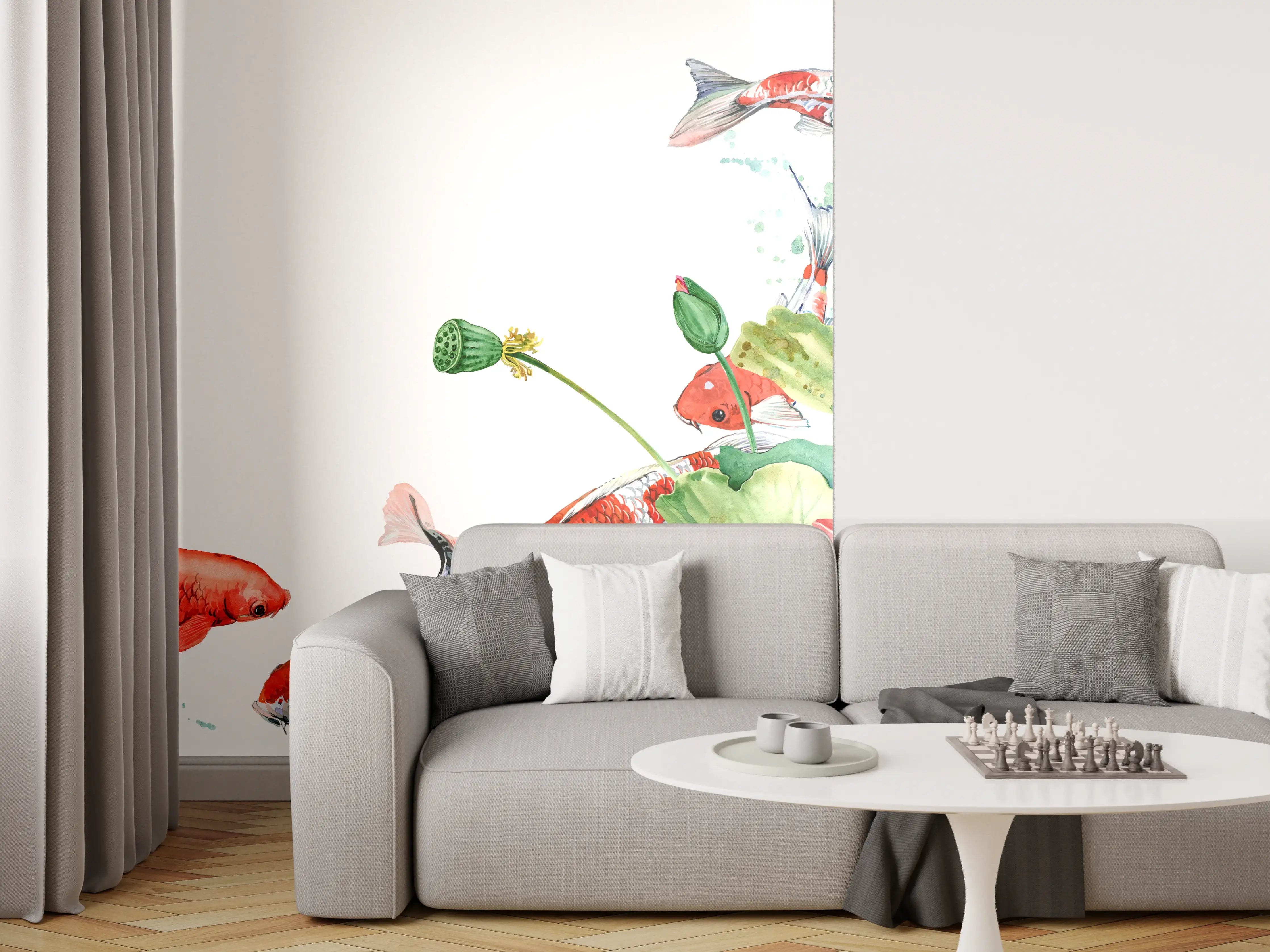 Wandverkleidung Wohnzimmer - Aquarell Koi Karpfen und Lotusblume