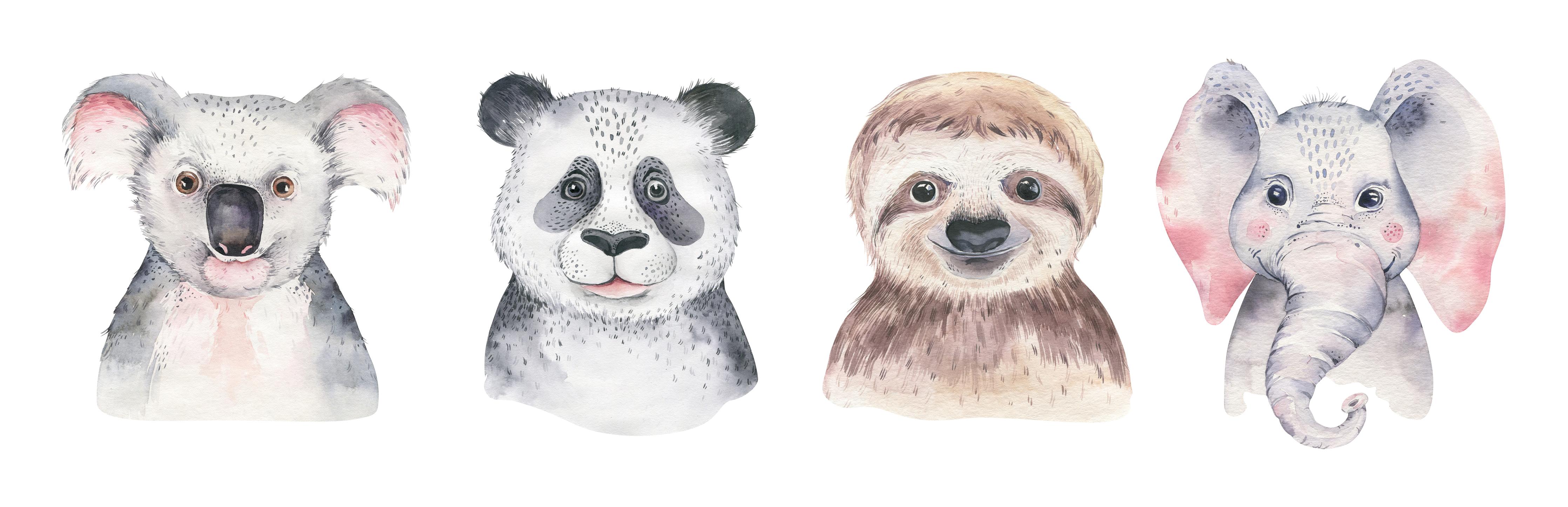 Wandverkleidung Wohnzimmer-Aquarell Tierbabys Illustration