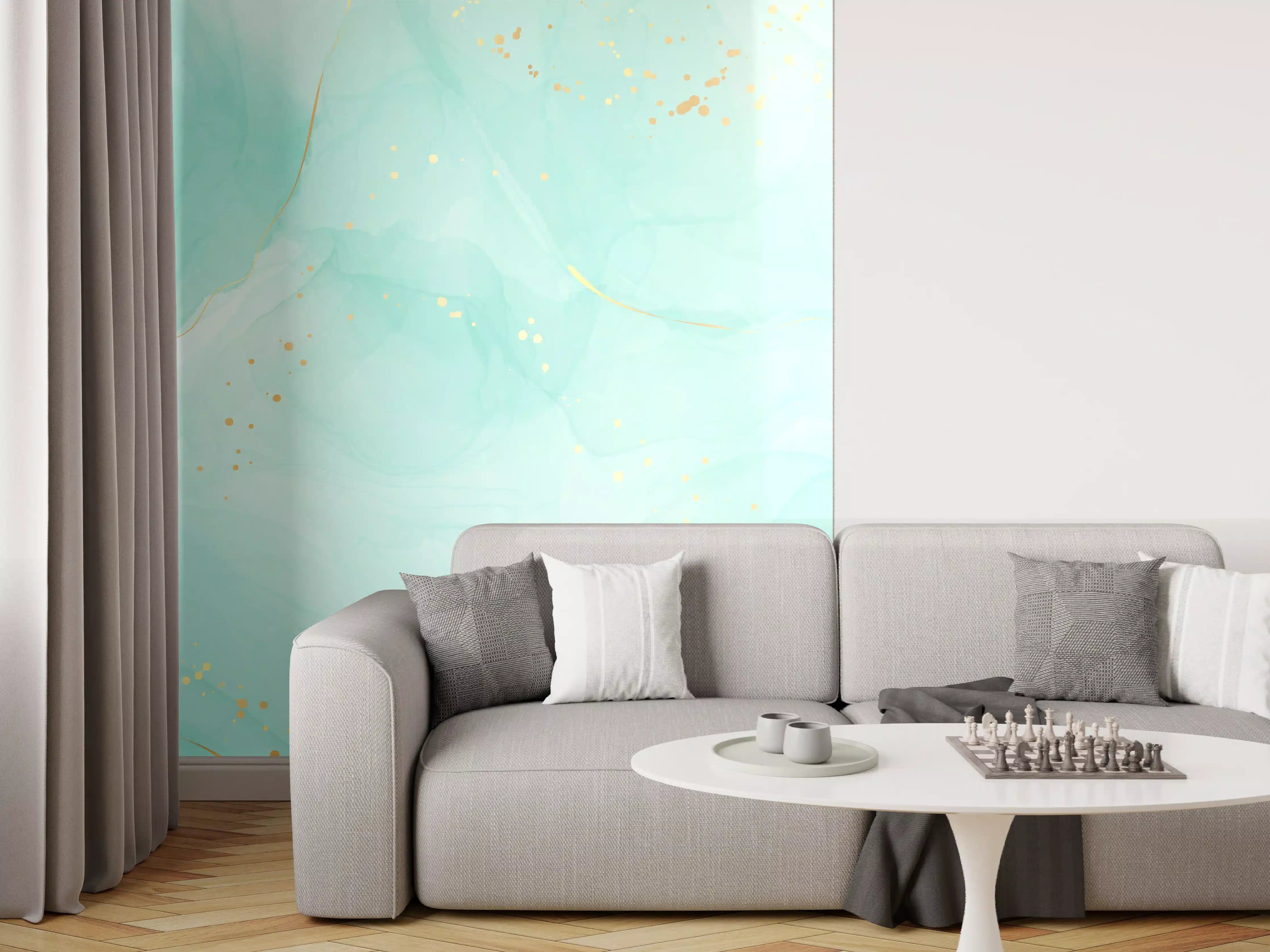 Wandverkleidung Wohnzimmer - Aquarell-Türkis-Gold-Abstrakt