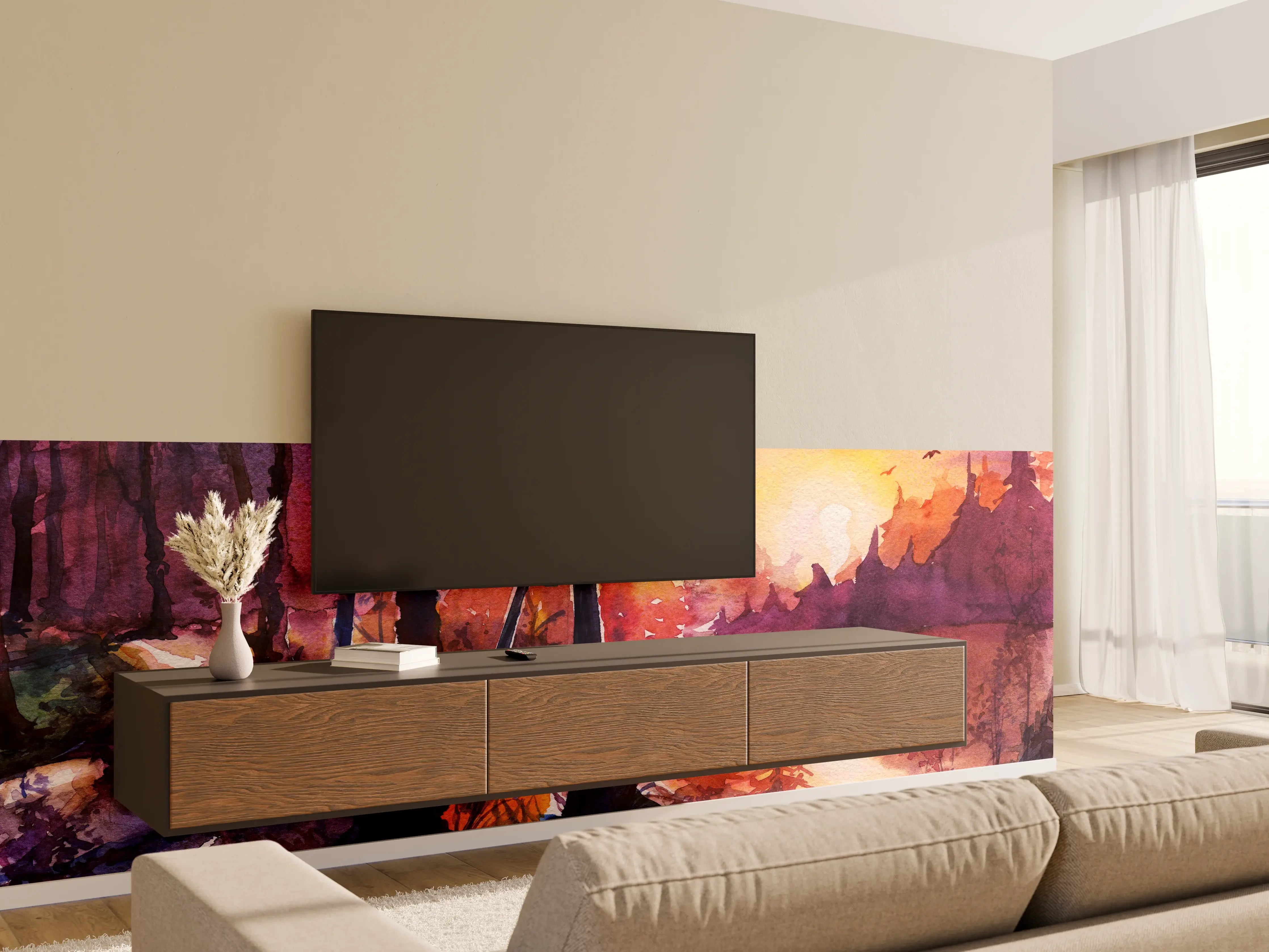 Wandverkleidung Wohnzimmer - Aquarell Waldlandschaft Malerei