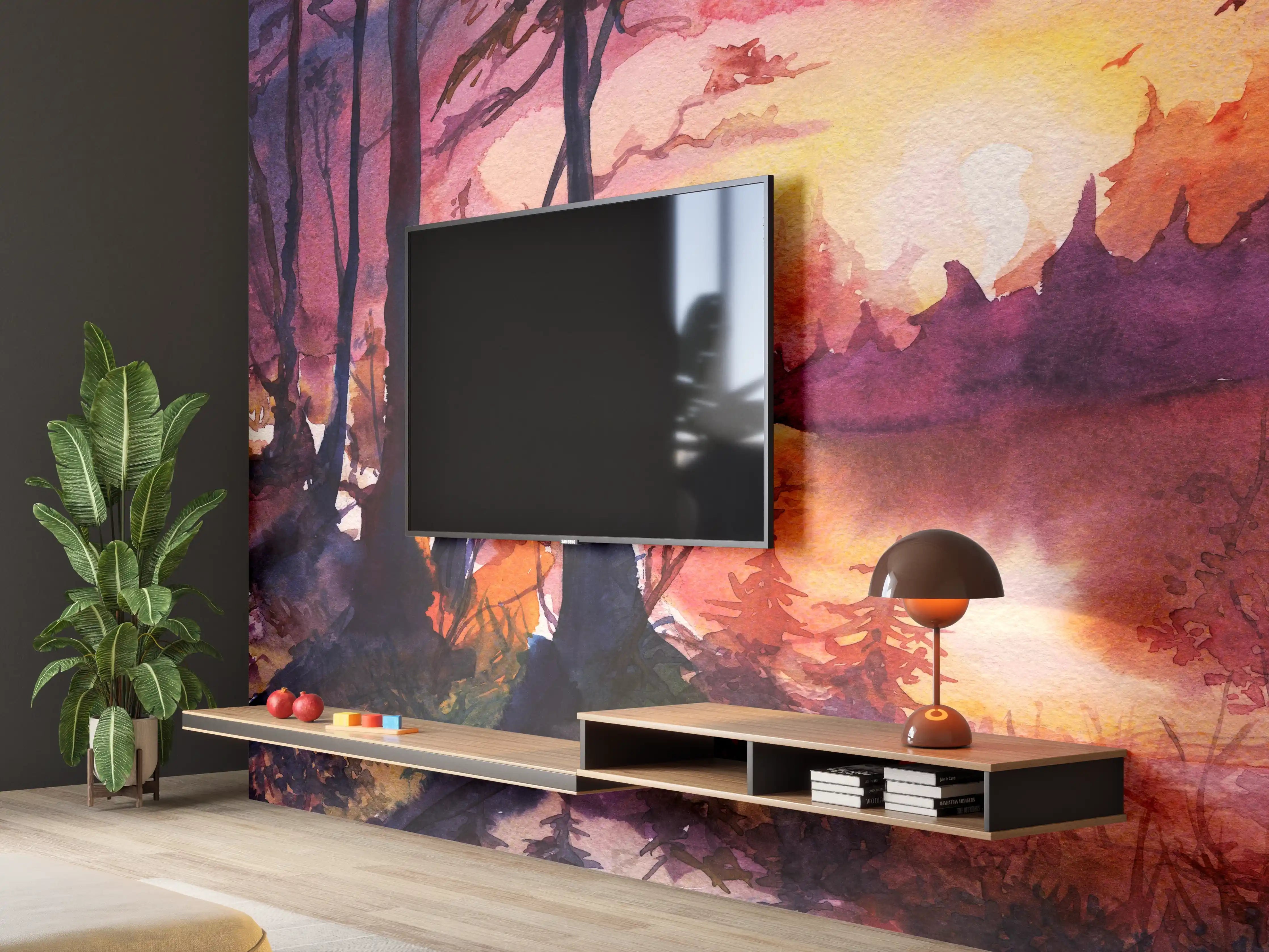 Wandverkleidung Wohnzimmer - Aquarell Waldlandschaft Malerei