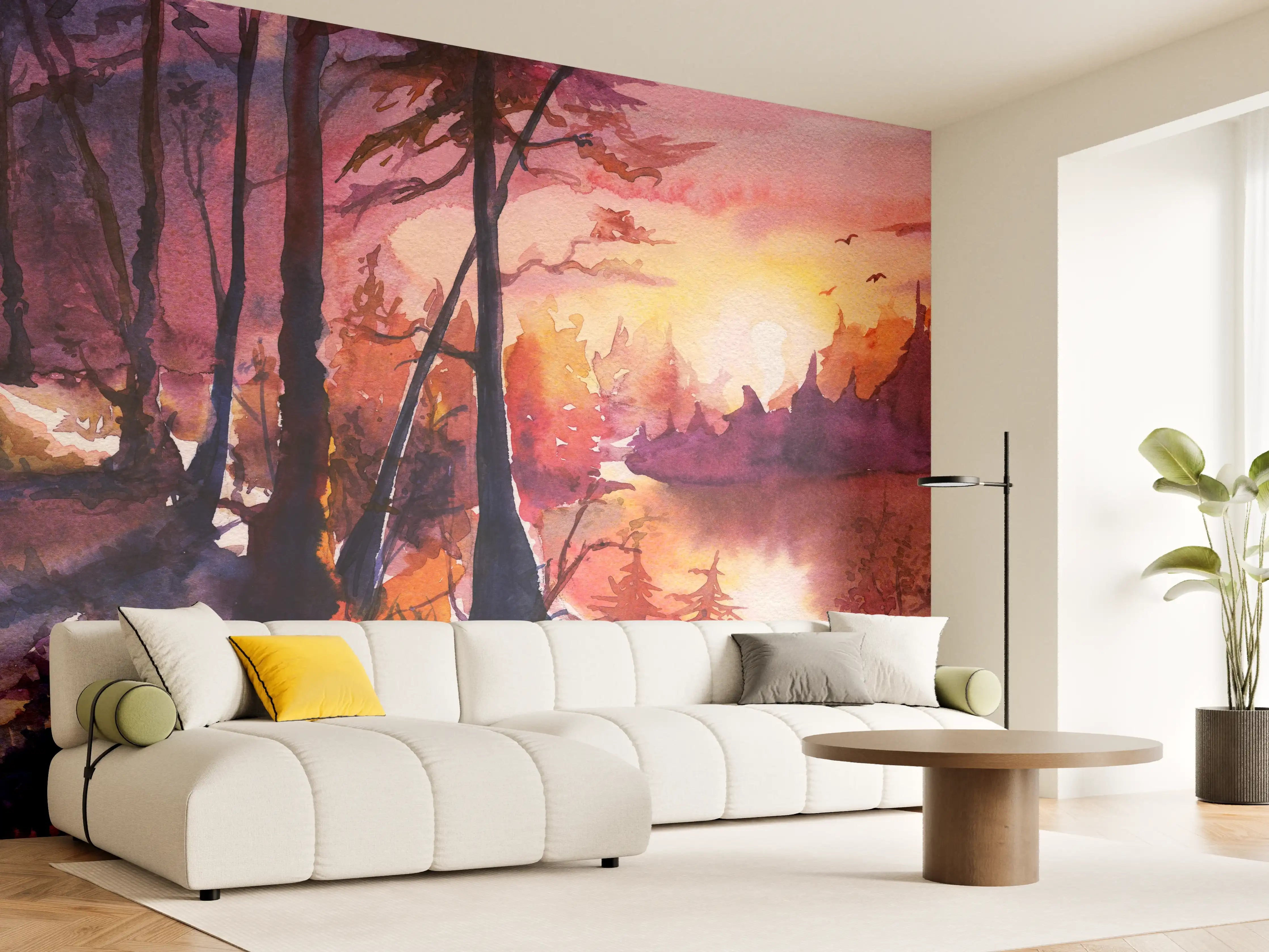 Wandverkleidung Wohnzimmer - Aquarell Waldlandschaft Malerei