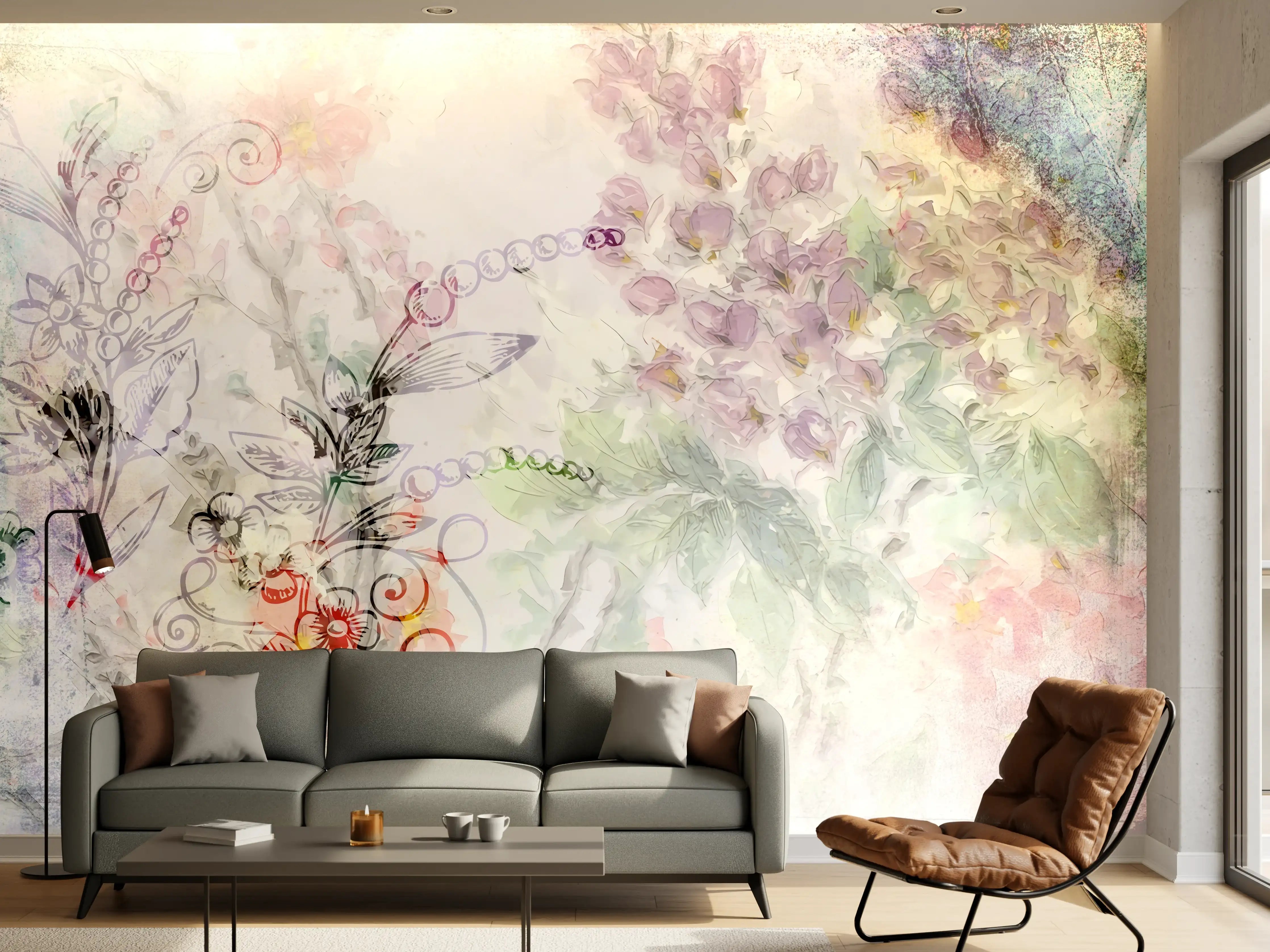 Wandverkleidung Wohnzimmer - Aquarellartige Blumen- und Naturmotive