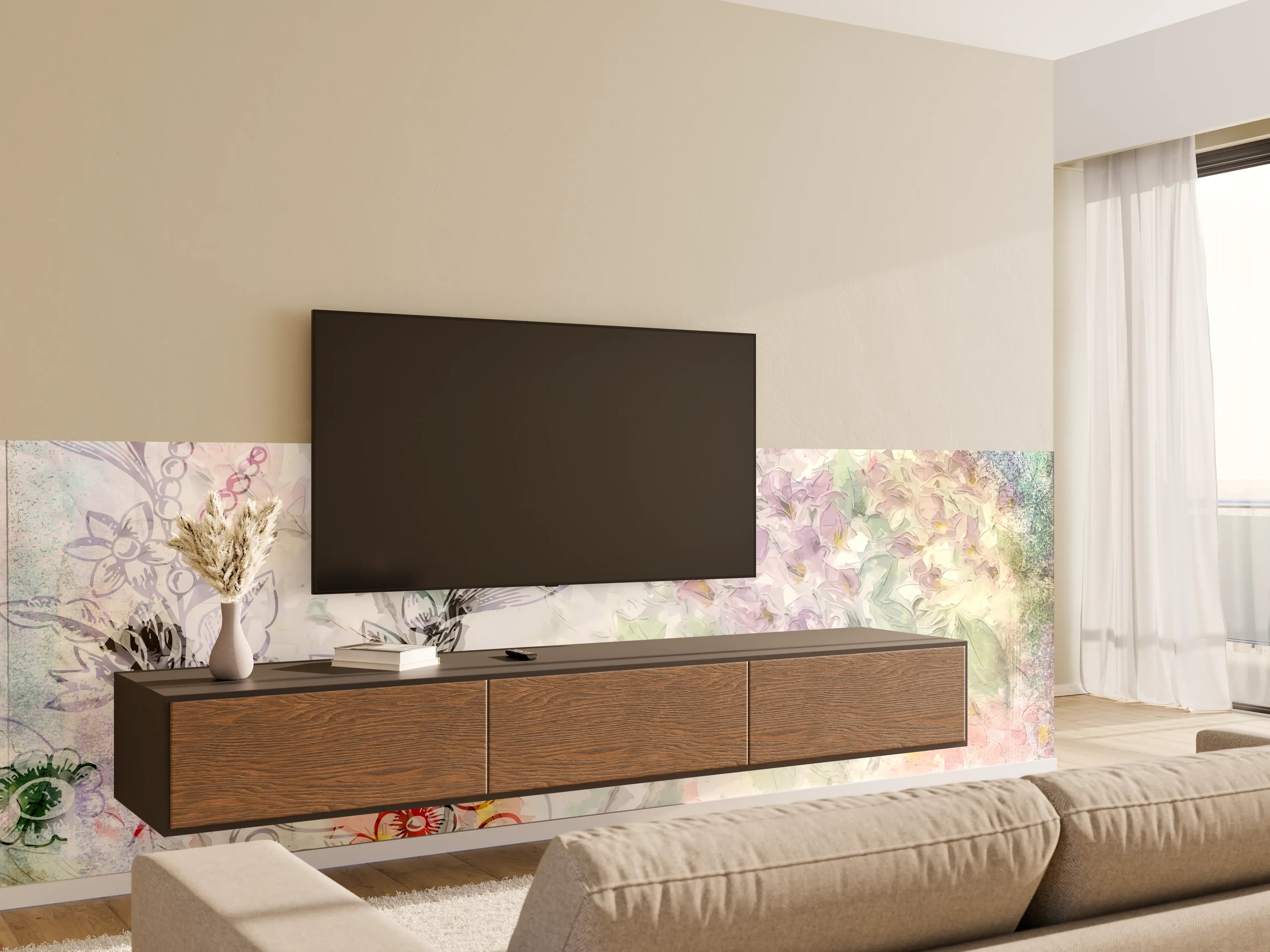Wandverkleidung Wohnzimmer - Aquarellartige Blumen- und Naturmotive