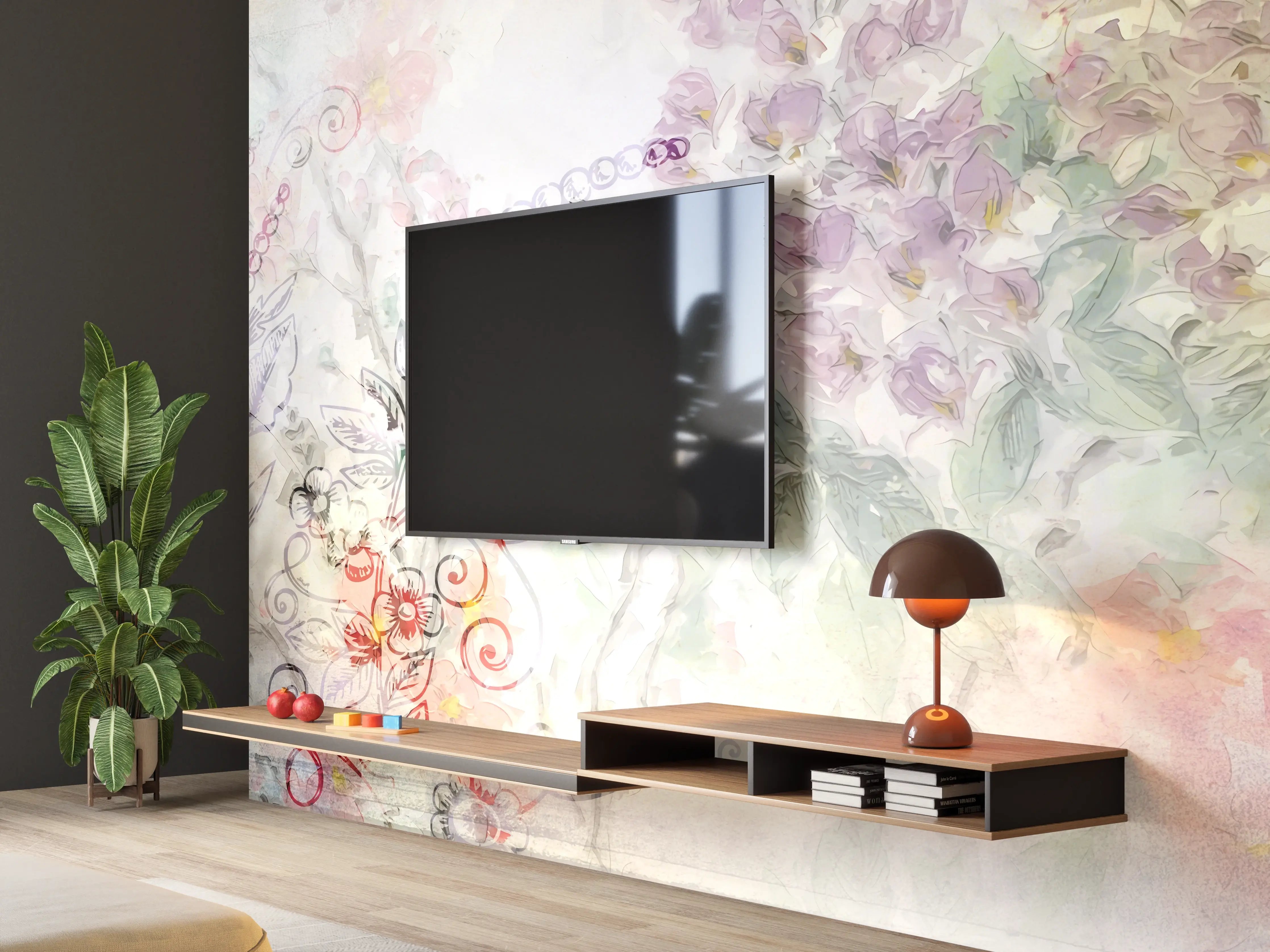 Wandverkleidung Wohnzimmer - Aquarellartige Blumen- und Naturmotive