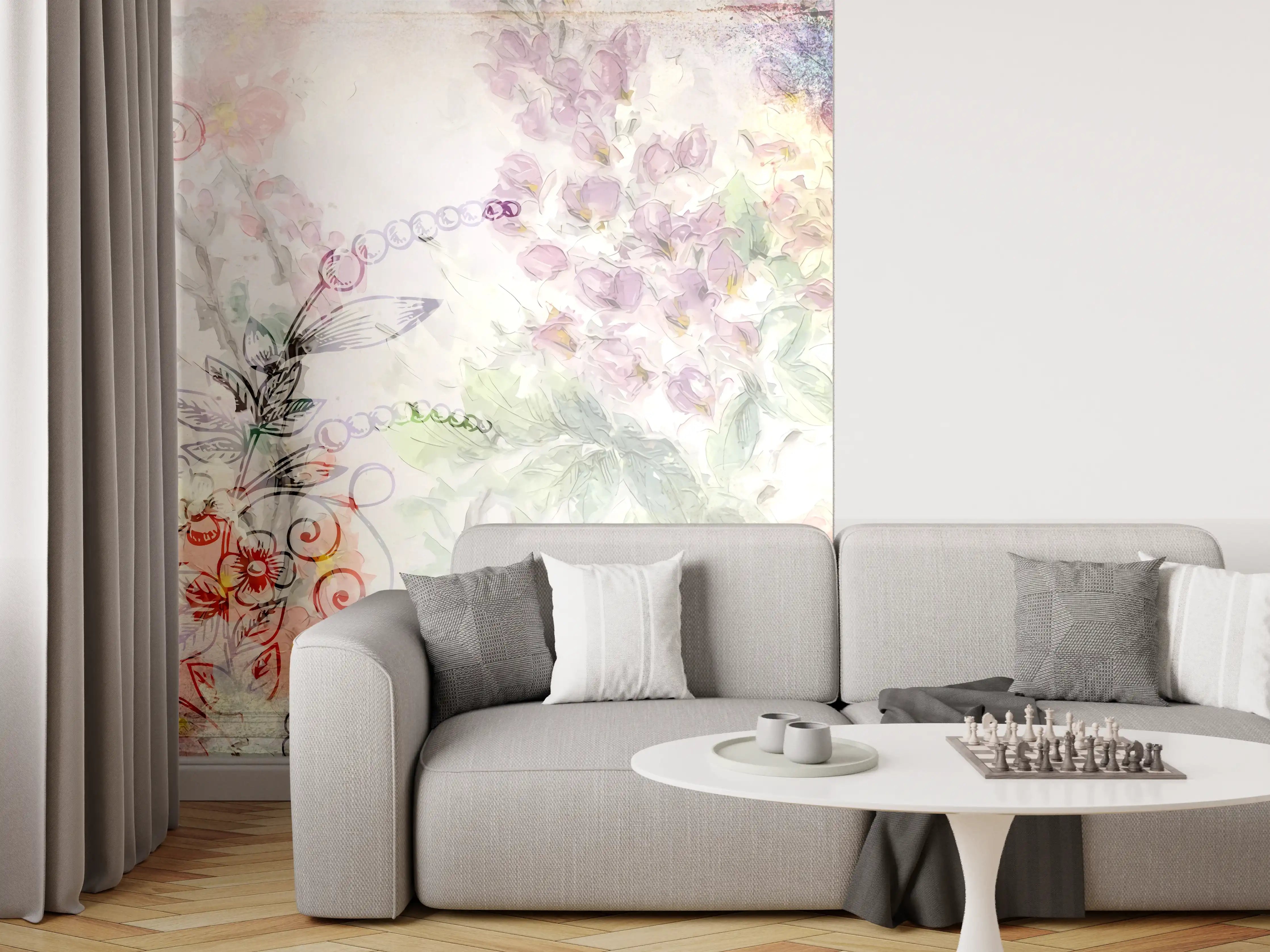 Wandverkleidung Wohnzimmer - Aquarellartige Blumen- und Naturmotive