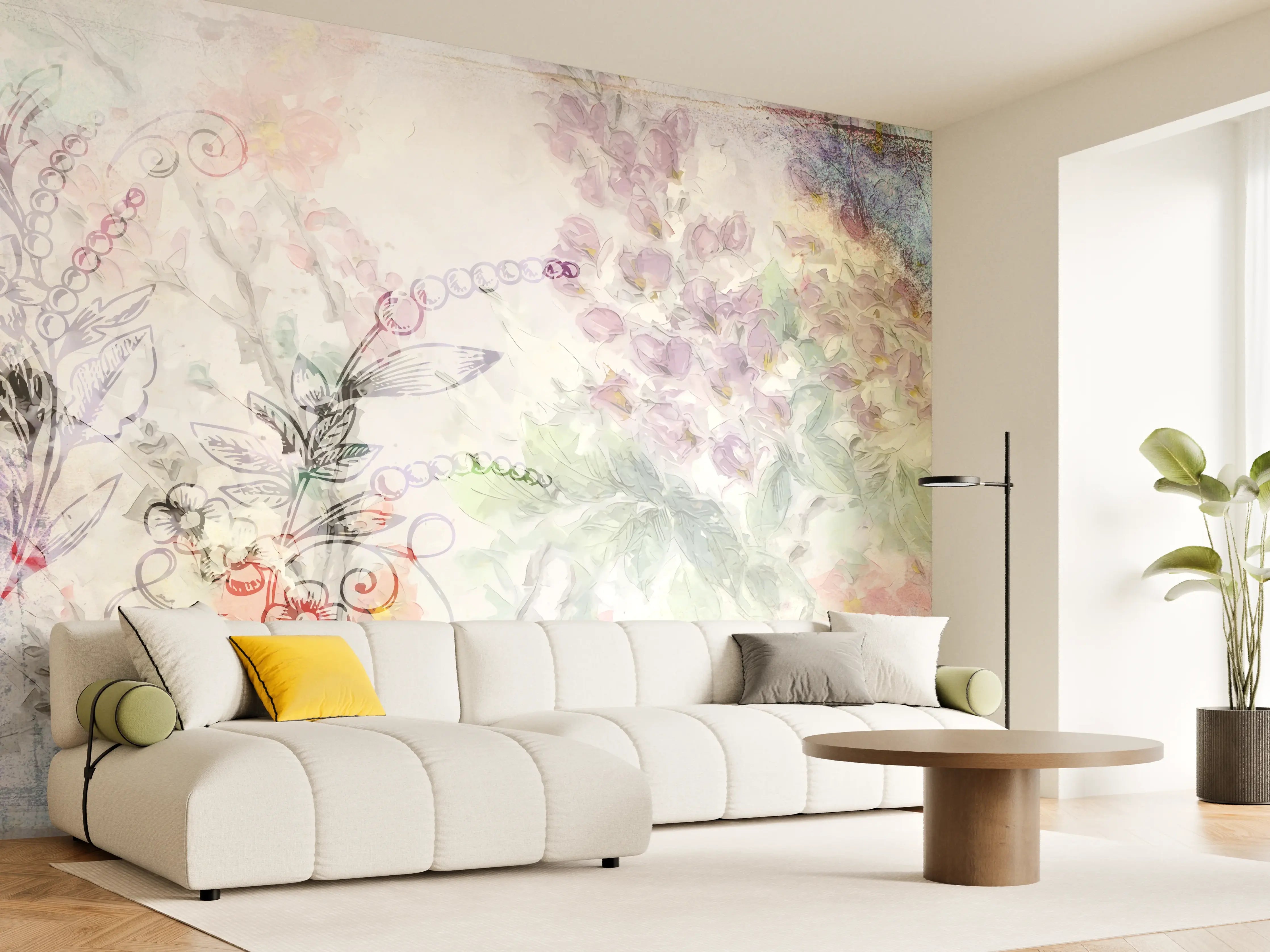 Wandverkleidung Wohnzimmer - Aquarellartige Blumen- und Naturmotive
