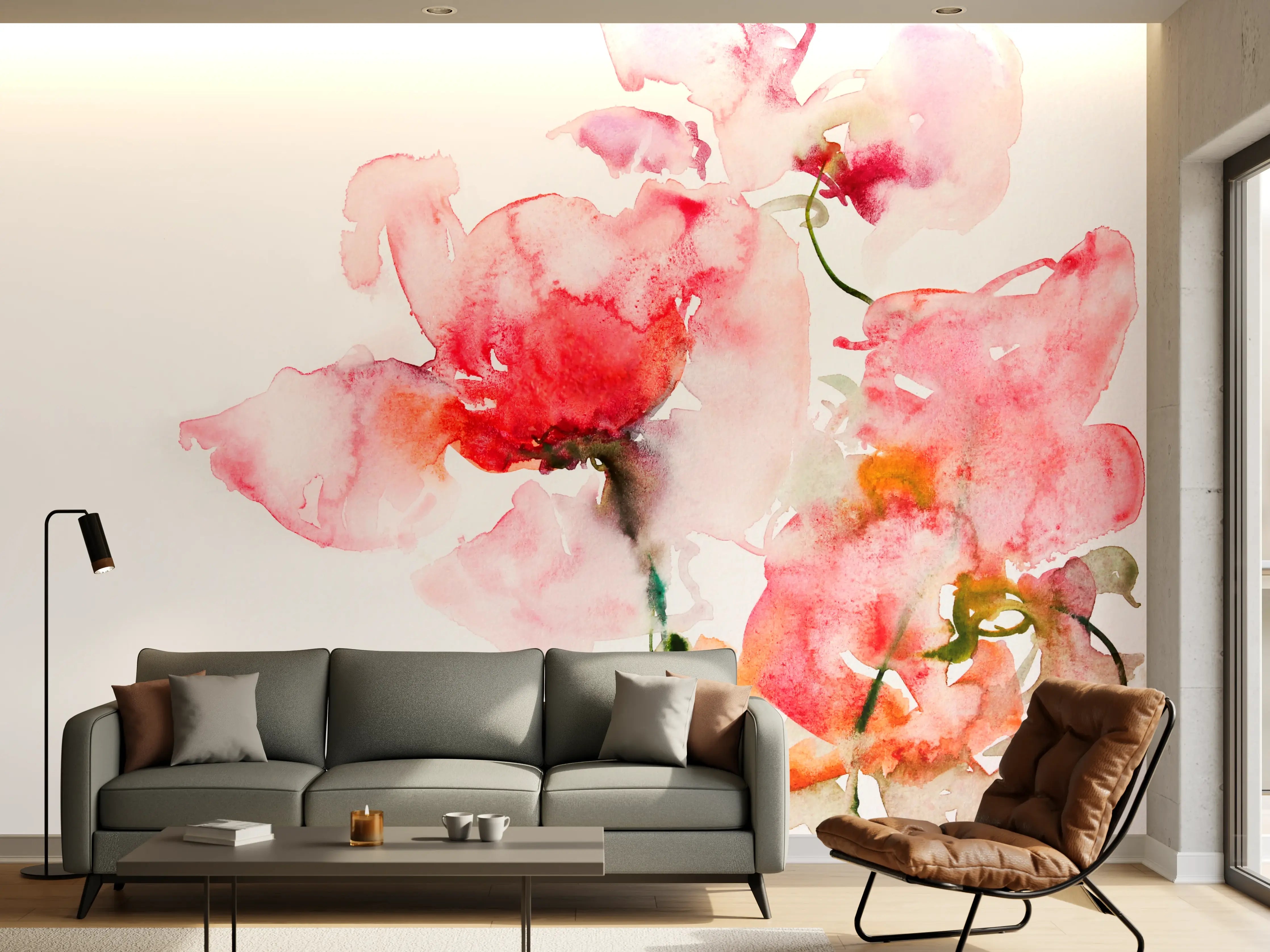 Wandverkleidung Wohnzimmer - Aquarellartige Blumenmalerei mit sanften Pinktönen