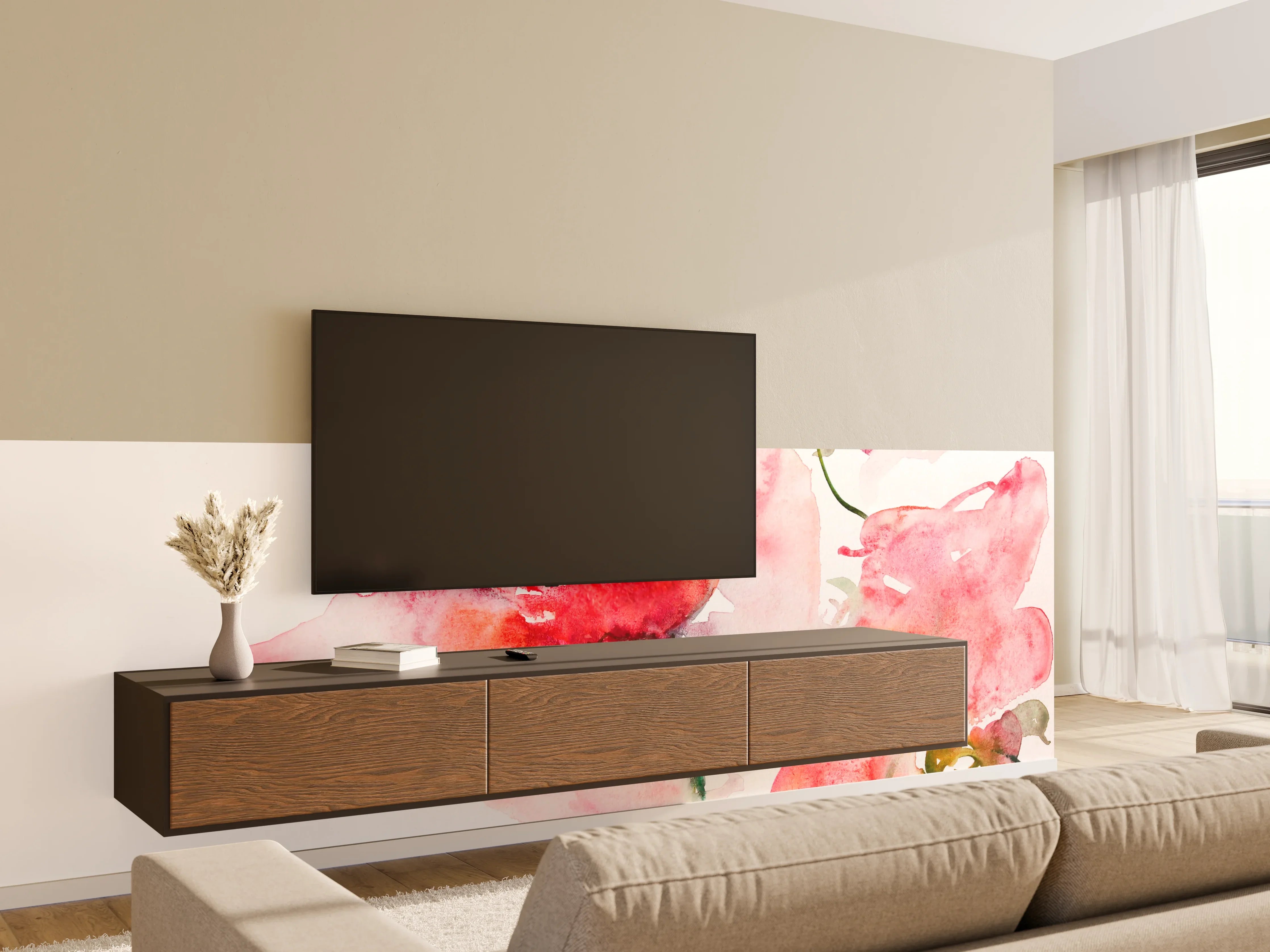 Wandverkleidung Wohnzimmer - Aquarellartige Blumenmalerei mit sanften Pinktönen