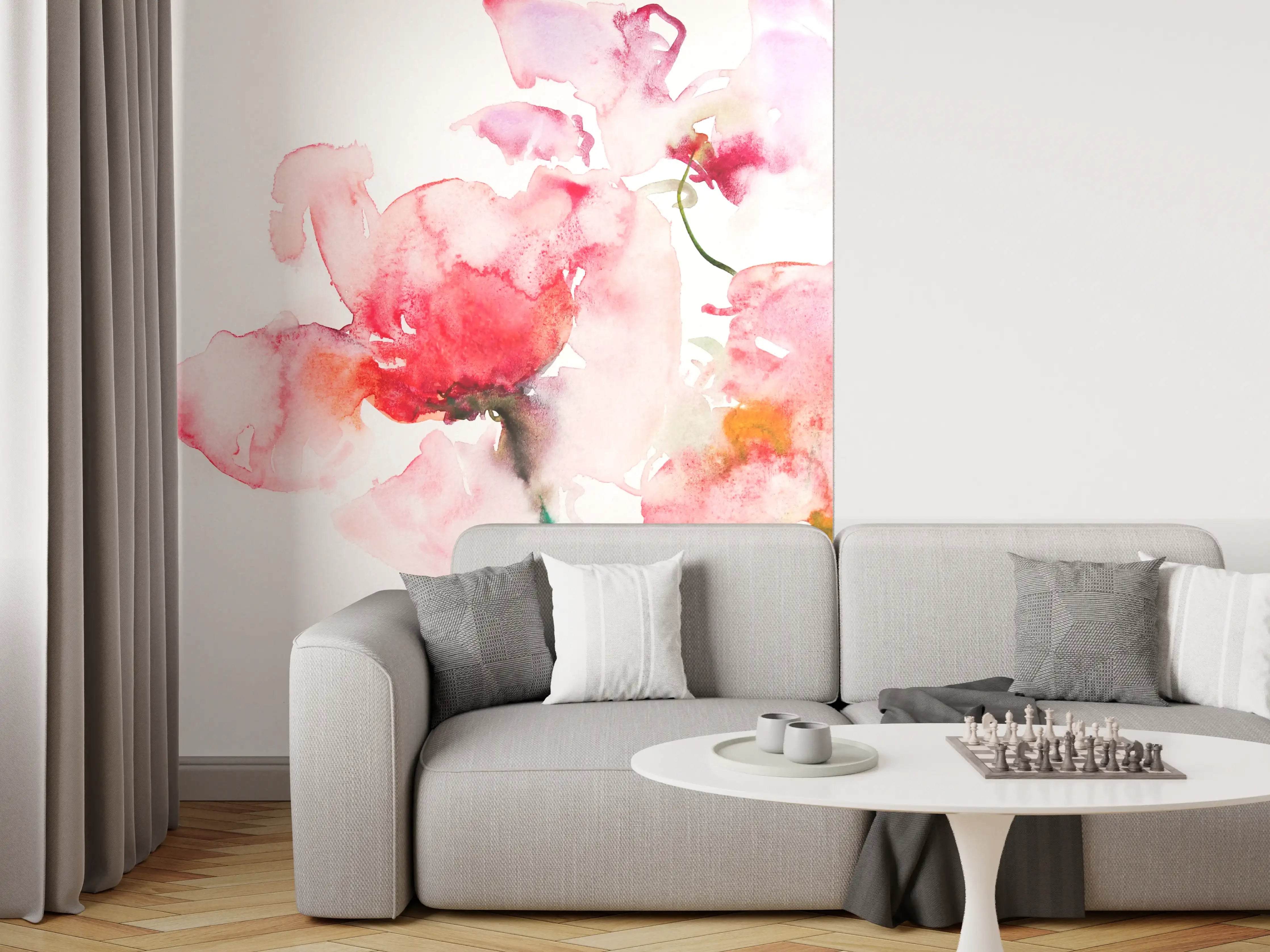 Wandverkleidung Wohnzimmer - Aquarellartige Blumenmalerei mit sanften Pinktönen