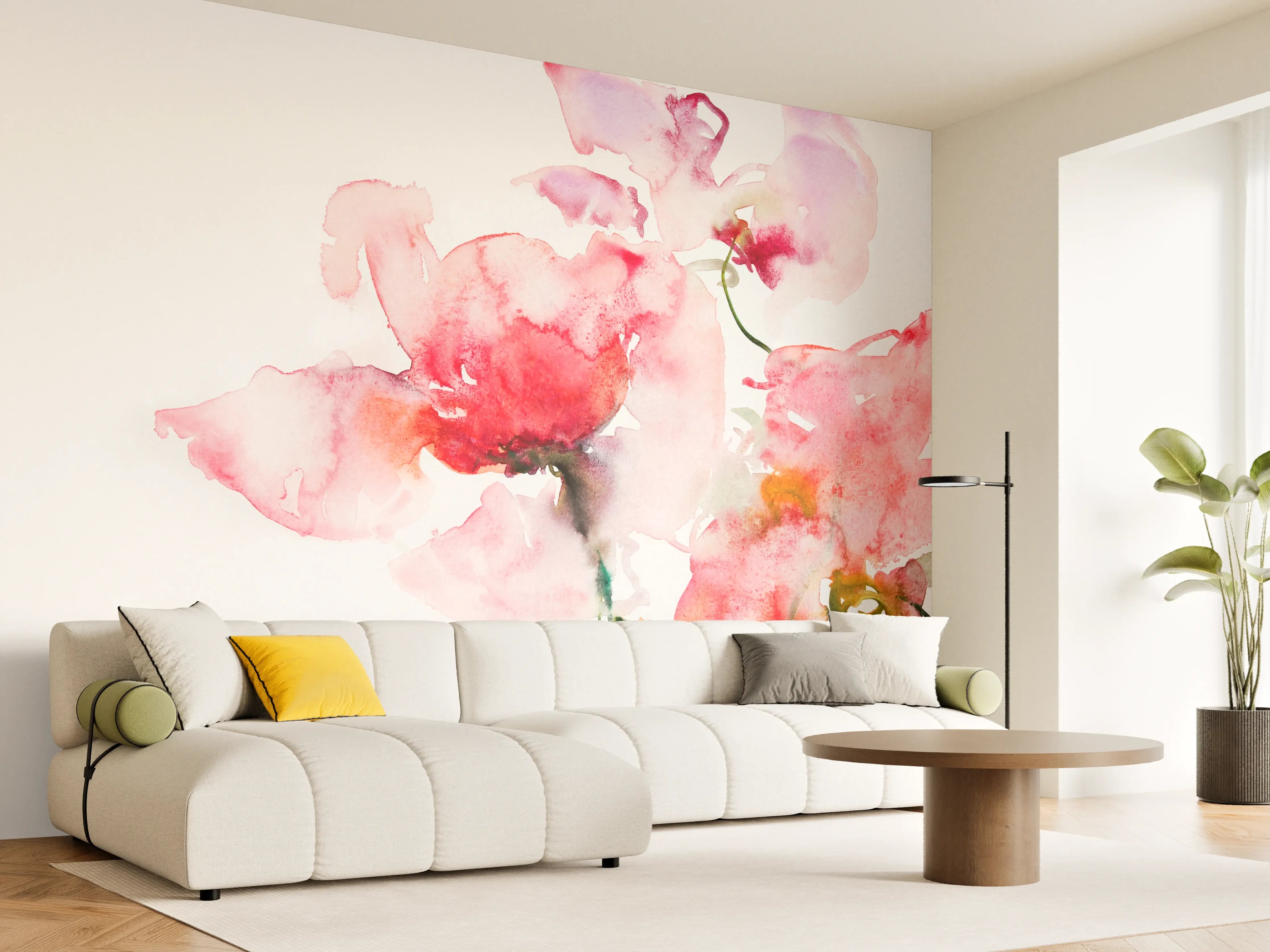 Wandverkleidung Wohnzimmer - Aquarellartige Blumenmalerei mit sanften Pinktönen