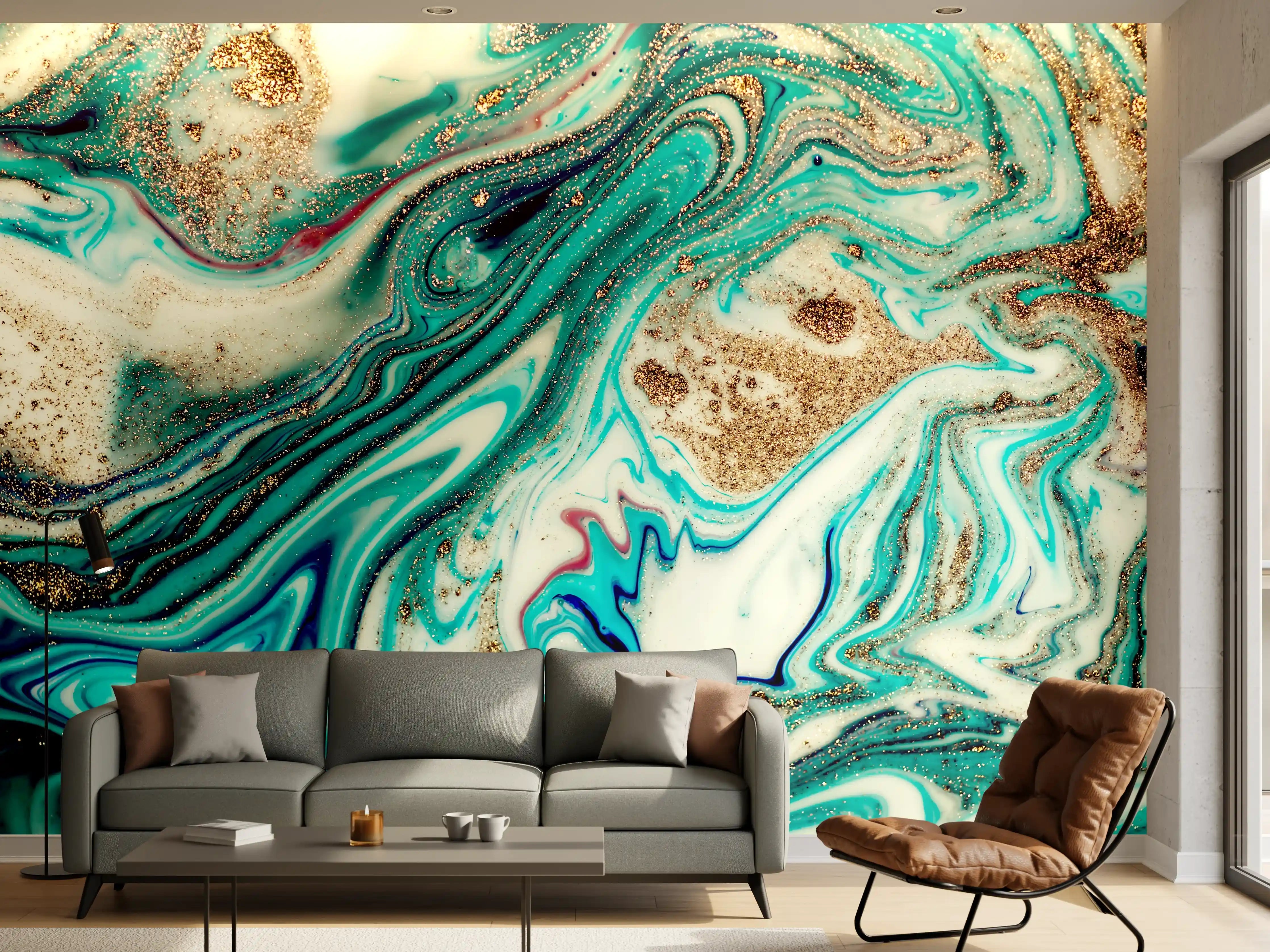 Wandverkleidung Wohnzimmer - Aquarellartige Farbexplosion in Blau und Gold