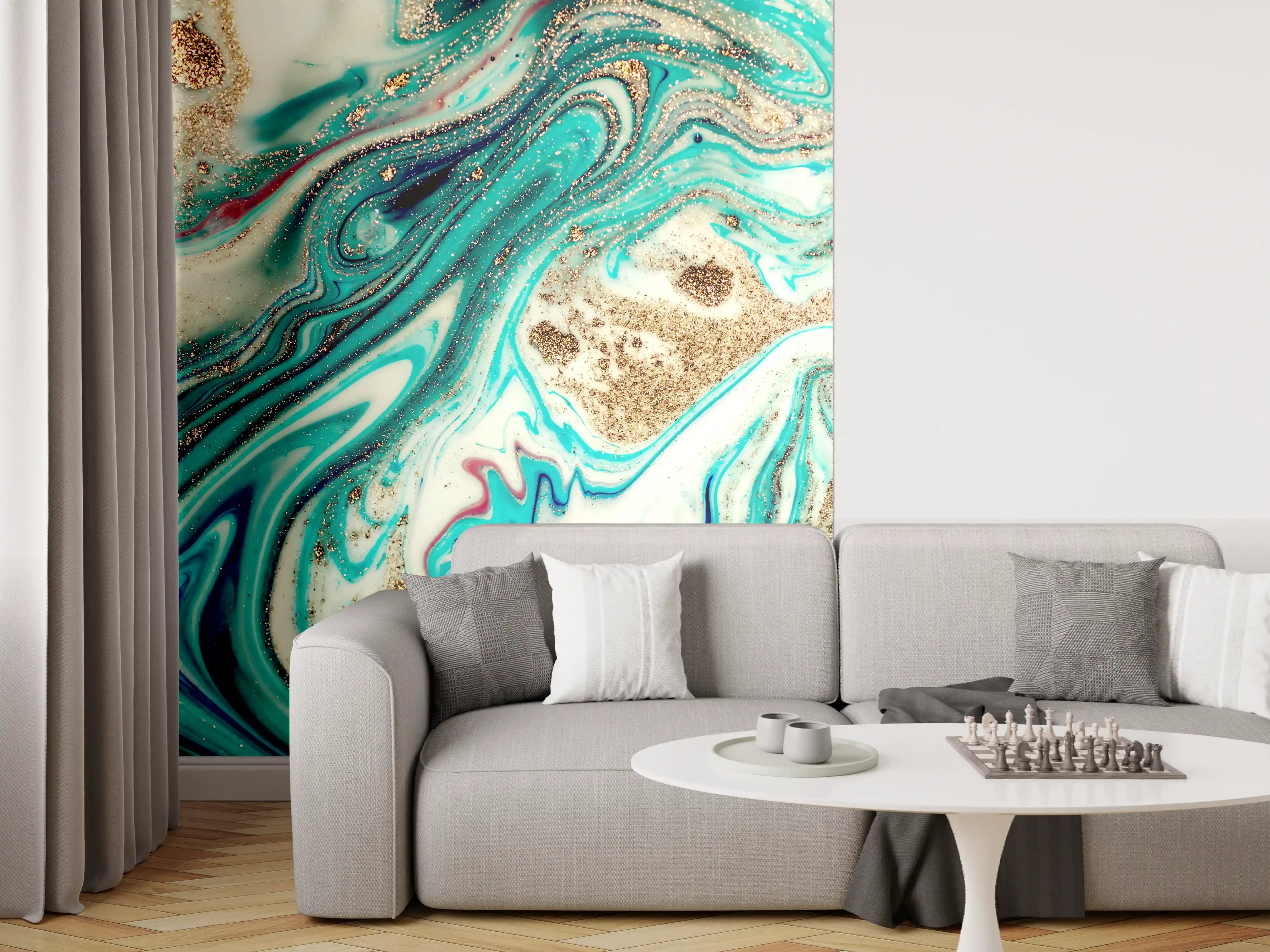 Wandverkleidung Wohnzimmer - Aquarellartige Farbexplosion in Blau und Gold