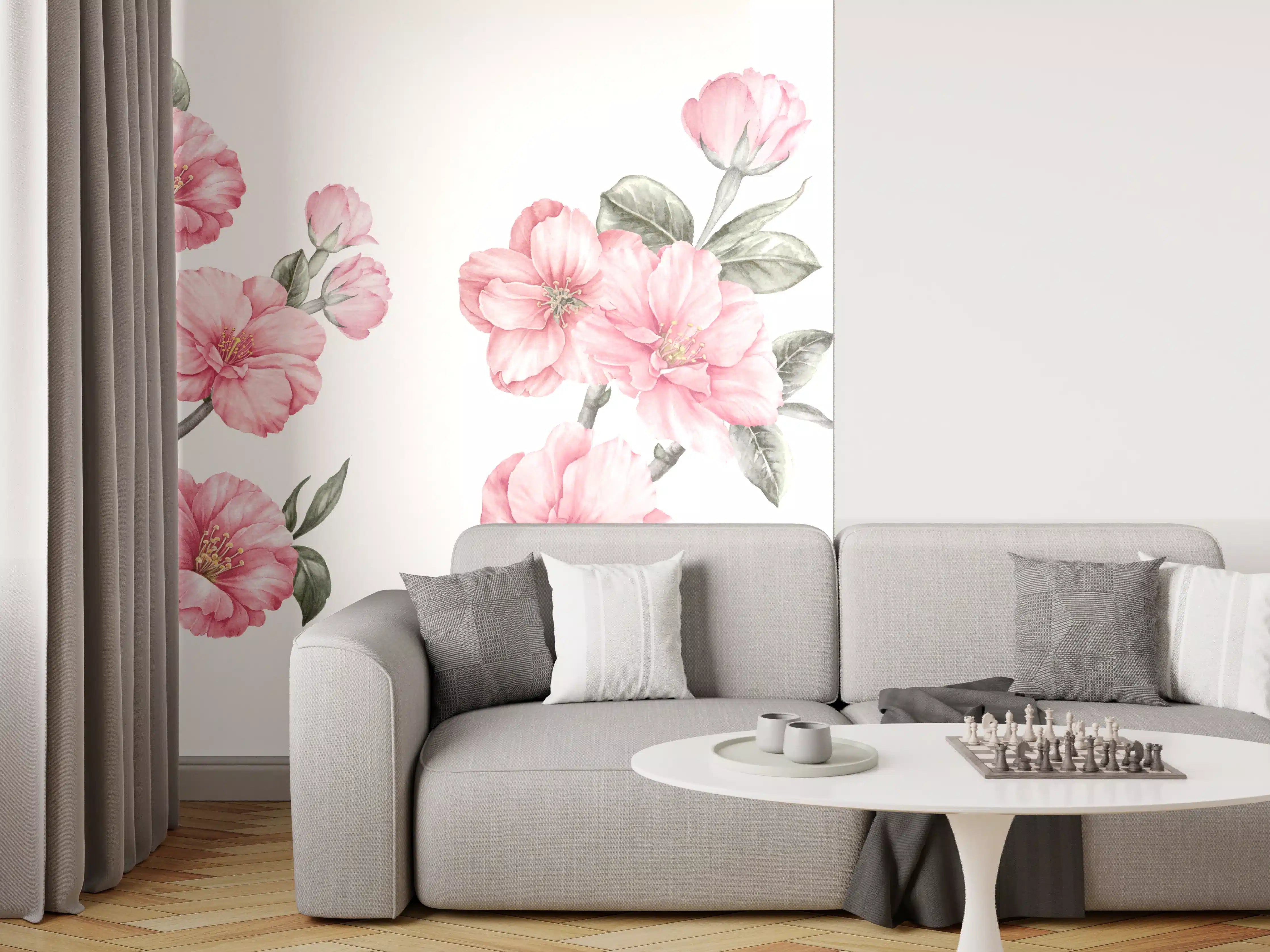 Wandverkleidung Wohnzimmer - Aquarellelemente von blühenden Sakura