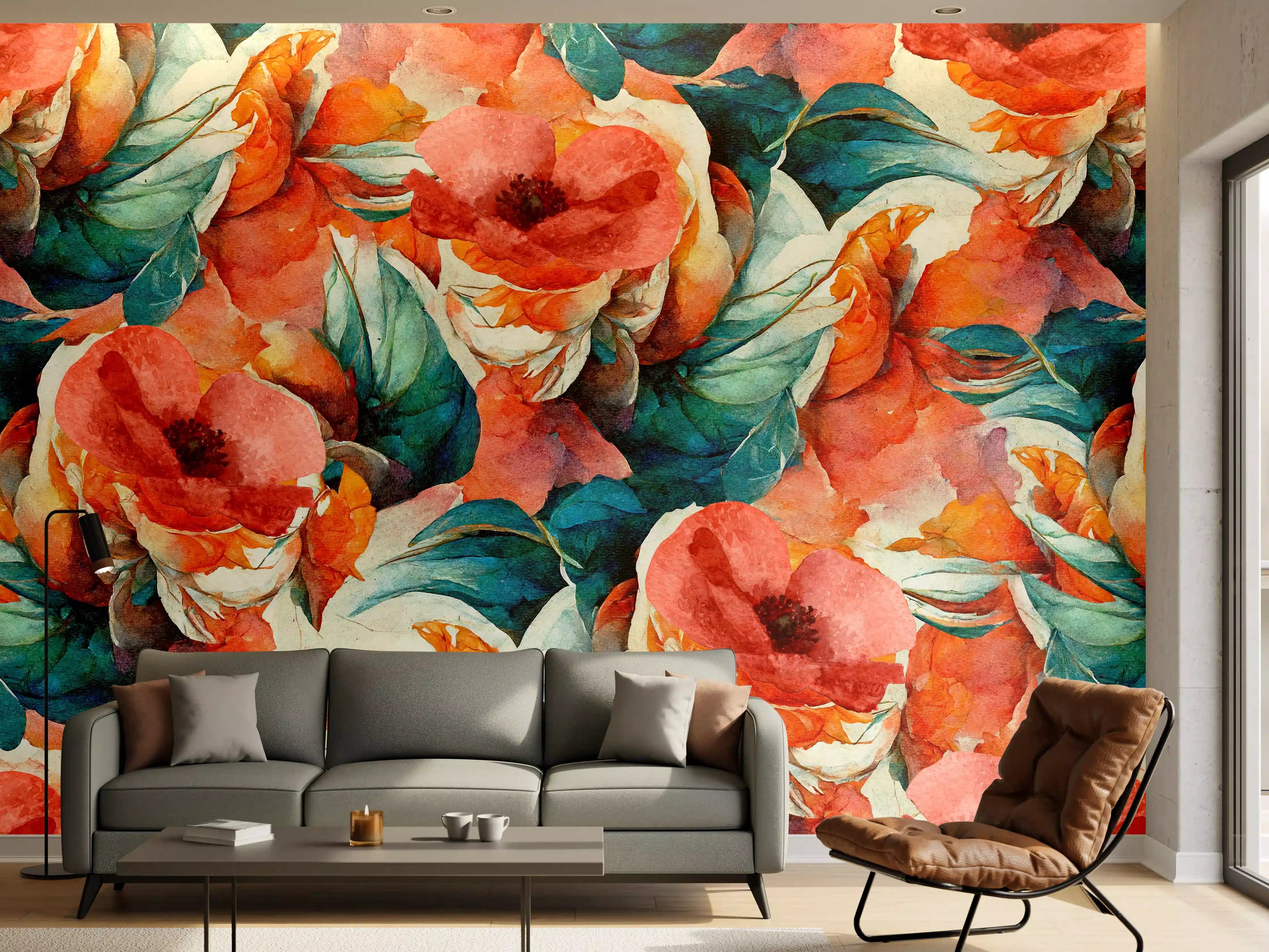 Wandverkleidung Wohnzimmer - Aquarellpapier - Florales Muster