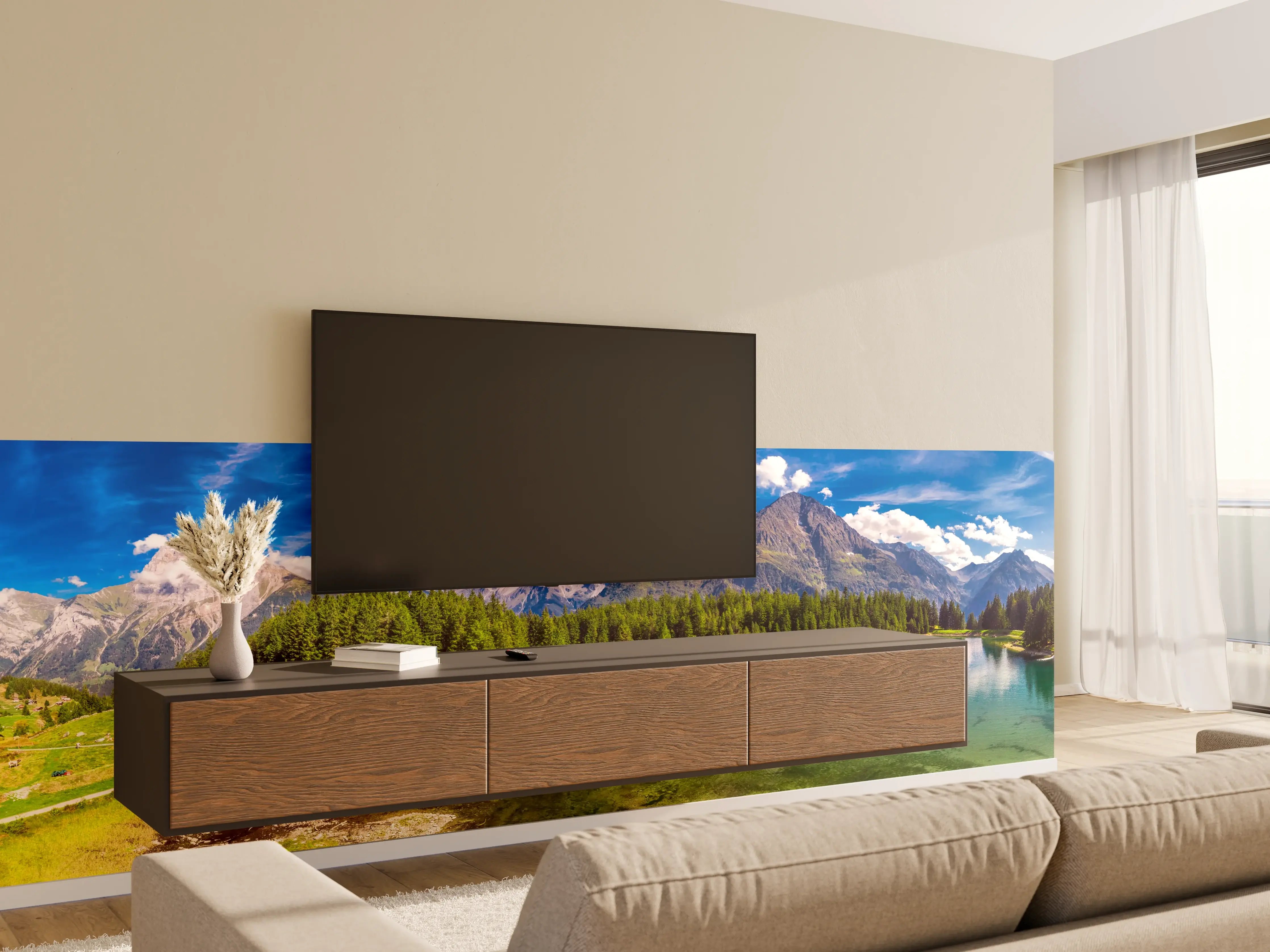 Wandverkleidung Wohnzimmer - Arnisee mit Schweizer Alpen